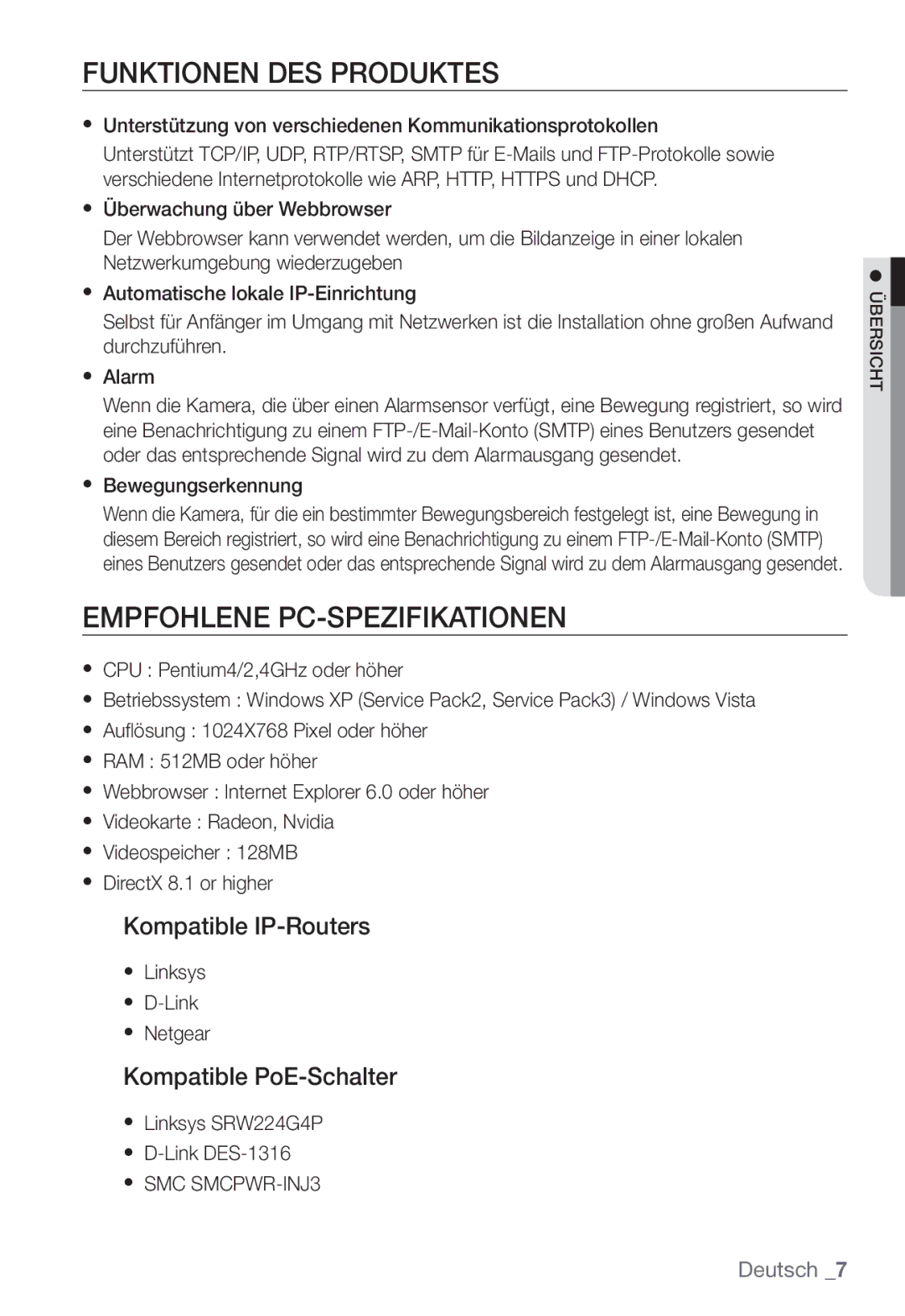 Samsung SNC-B2331P Funktionen DES Produktes, Empfohlene PC-SPEZIFIKATIONEN, Kompatible IP-Routers, Kompatible PoE-Schalter 