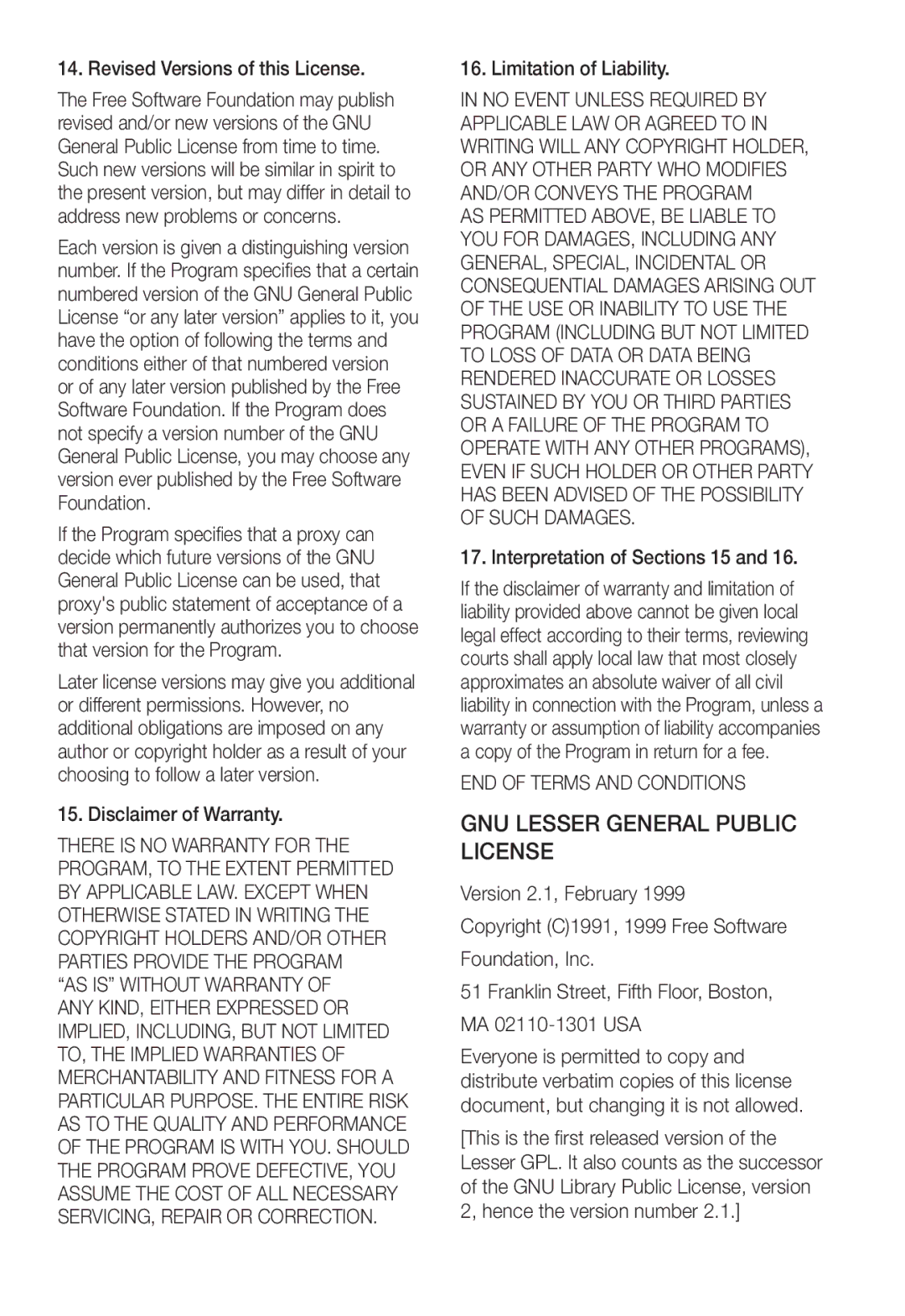 Samsung SNC-B2331P manual GNU Lesser General Public License, Revised Versions of this License, Disclaimer of Warranty 