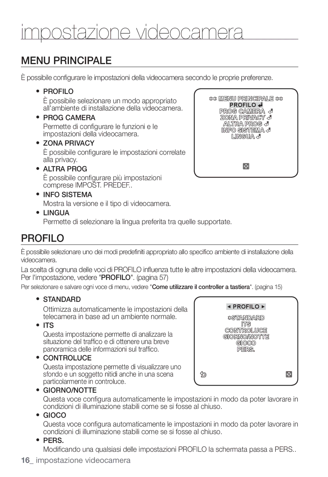 Samsung SNC-B2331P manual Menu Principale, Profilo 