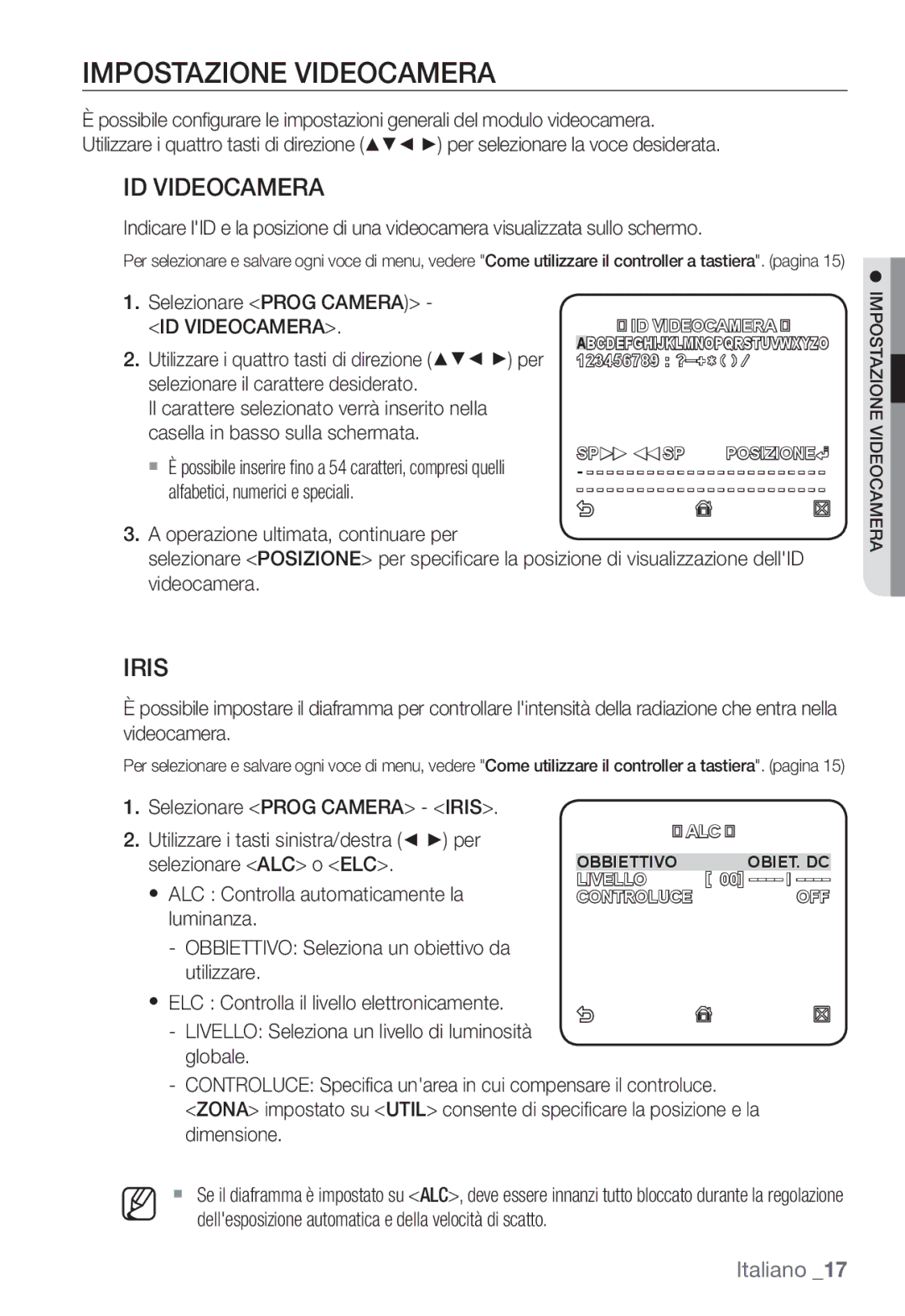 Samsung SNC-B2331P manual Impostazione Videocamera, ID Videocamera, Iris 