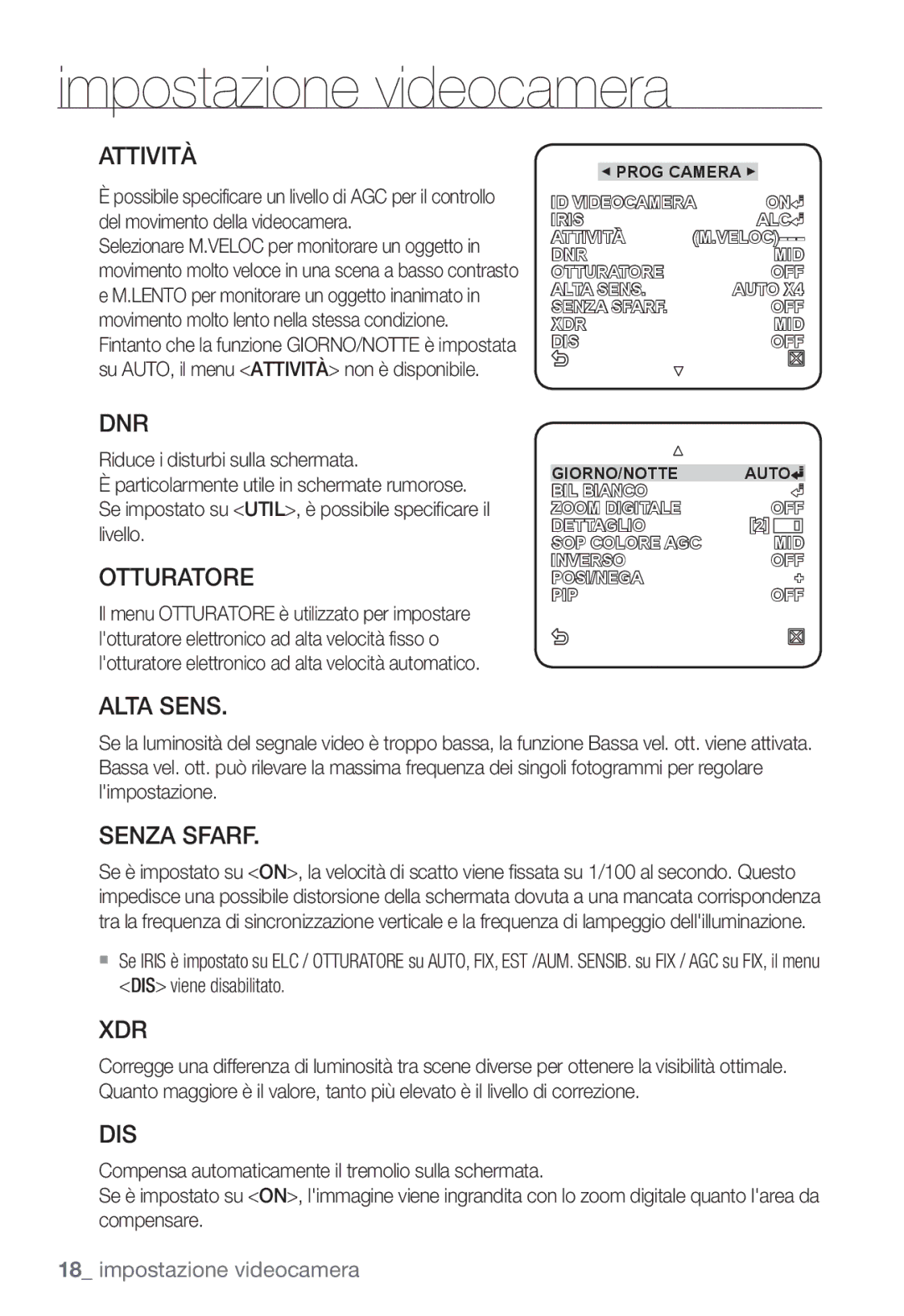 Samsung SNC-B2331P manual Attività, Dnr, Otturatore, Alta Sens, Senza Sfarf, Xdr, Dis 