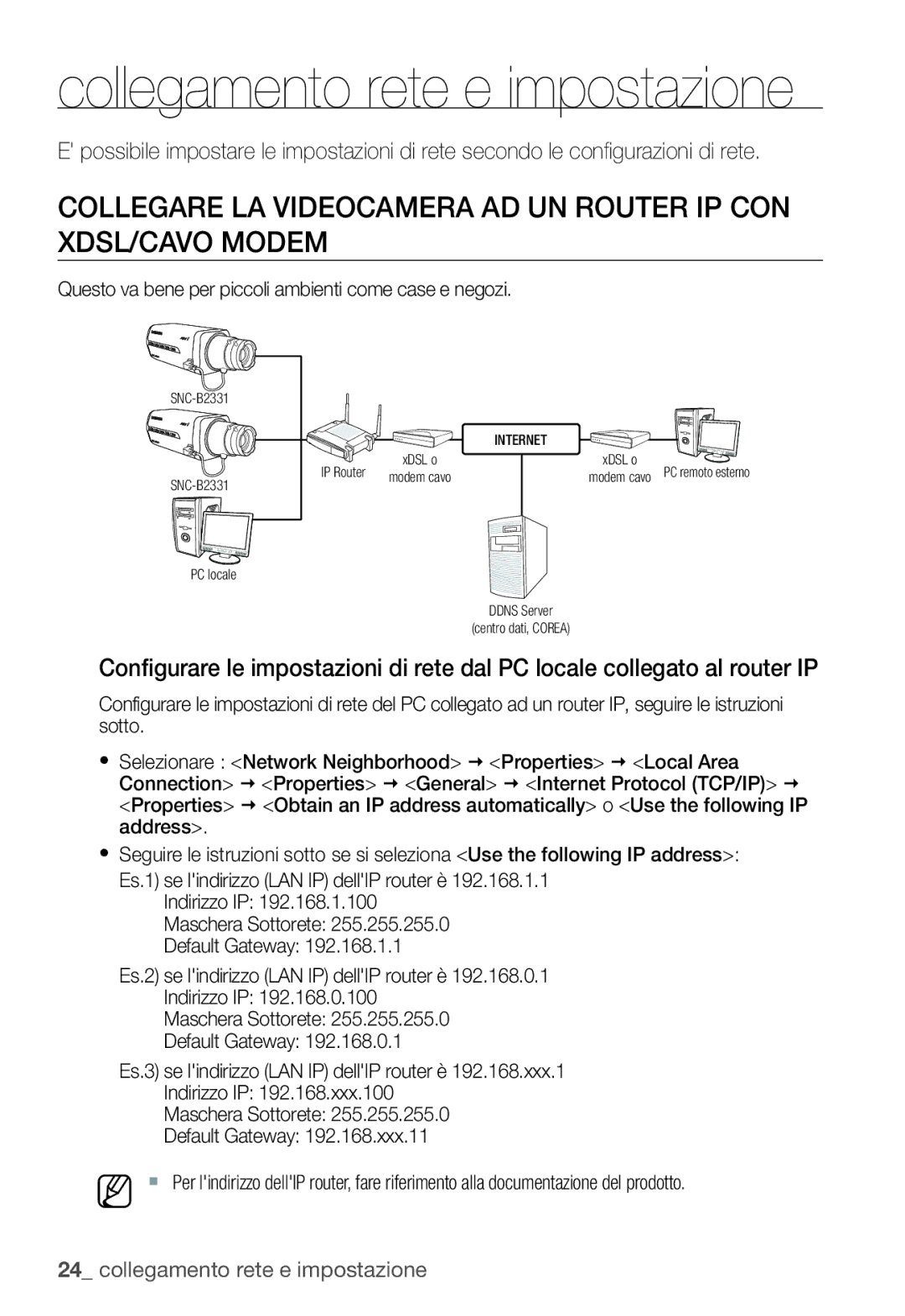 Samsung SNC-B2331P manual Collegare LA Videocamera AD UN Router IP CON XDSL/CAVO Modem 