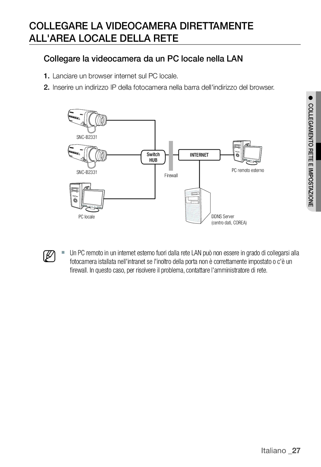 Samsung SNC-B2331P manual Collegare la videocamera da un PC locale nella LAN, Centro dati, Corea 