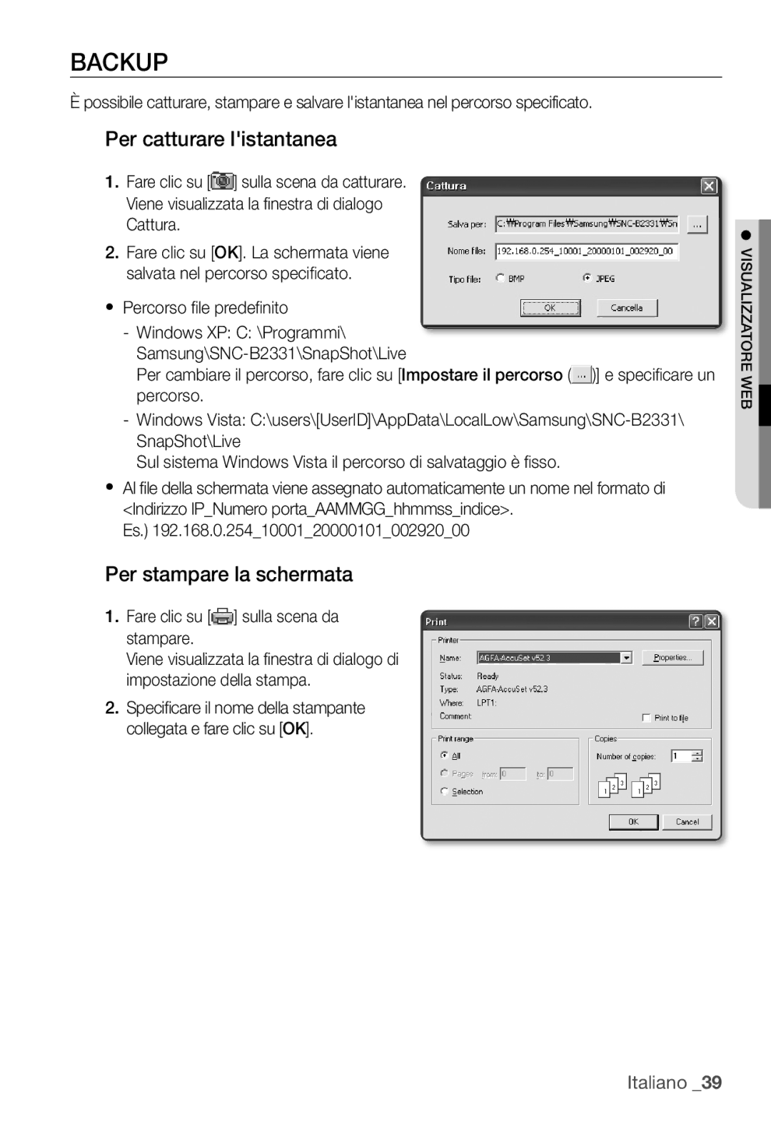 Samsung SNC-B2331P Backup, Per catturare listantanea, Per stampare la schermata, Fare clic su sulla scena da stampare 