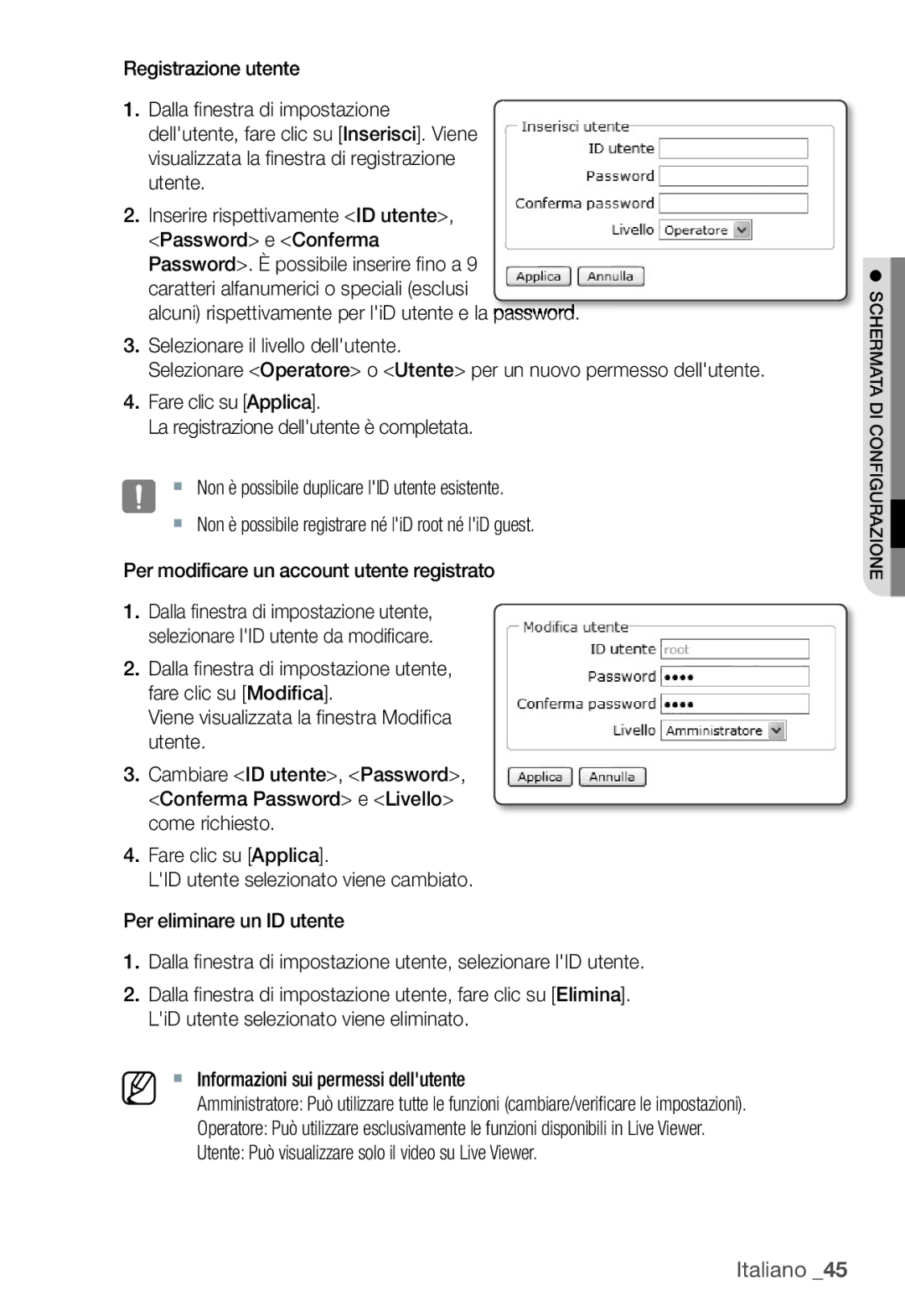 Samsung SNC-B2331P manual Utente Può visualizzare solo il video su Live Viewer 