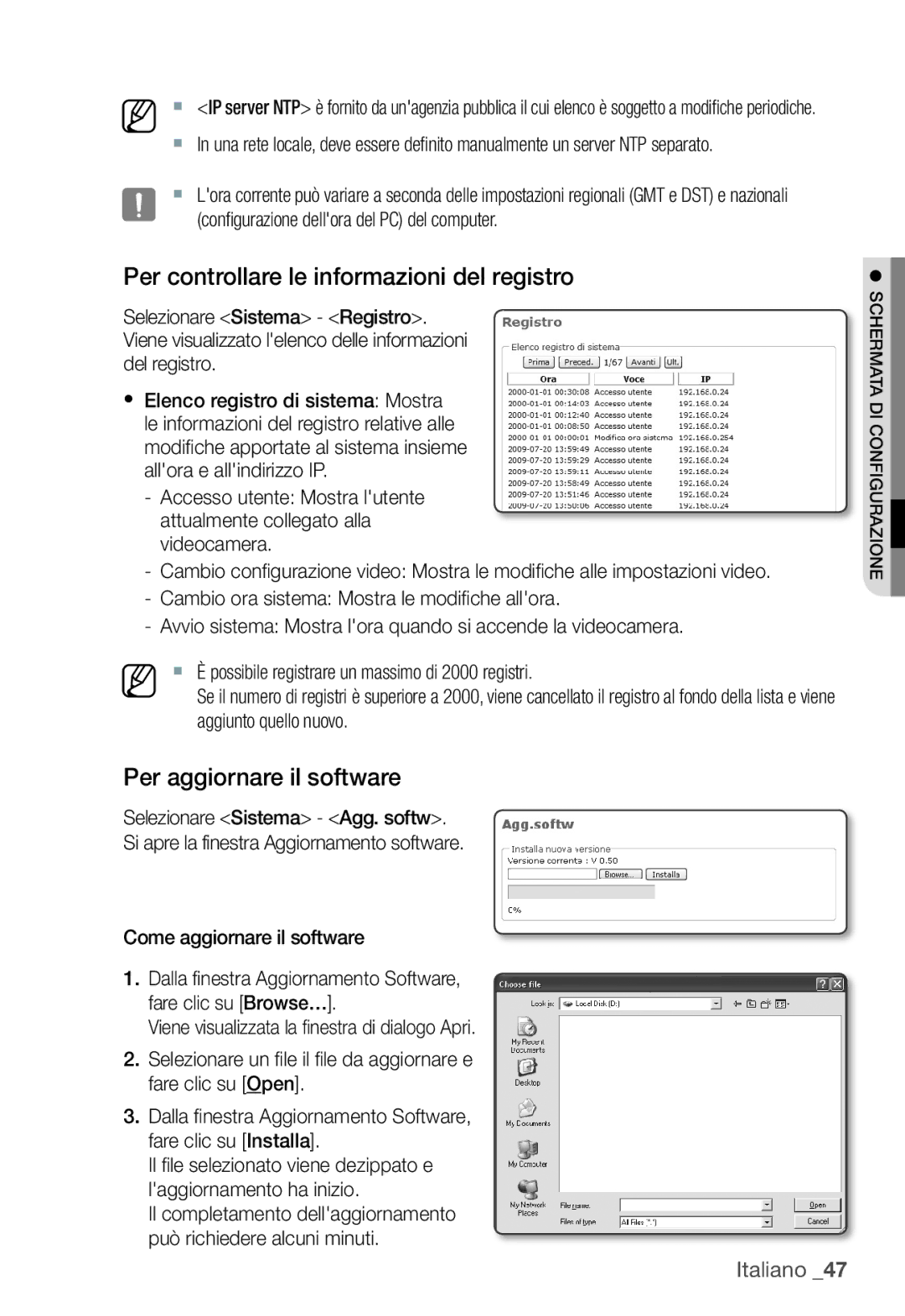 Samsung SNC-B2331P manual Per controllare le informazioni del registro, Per aggiornare il software, Aggiunto quello nuovo 