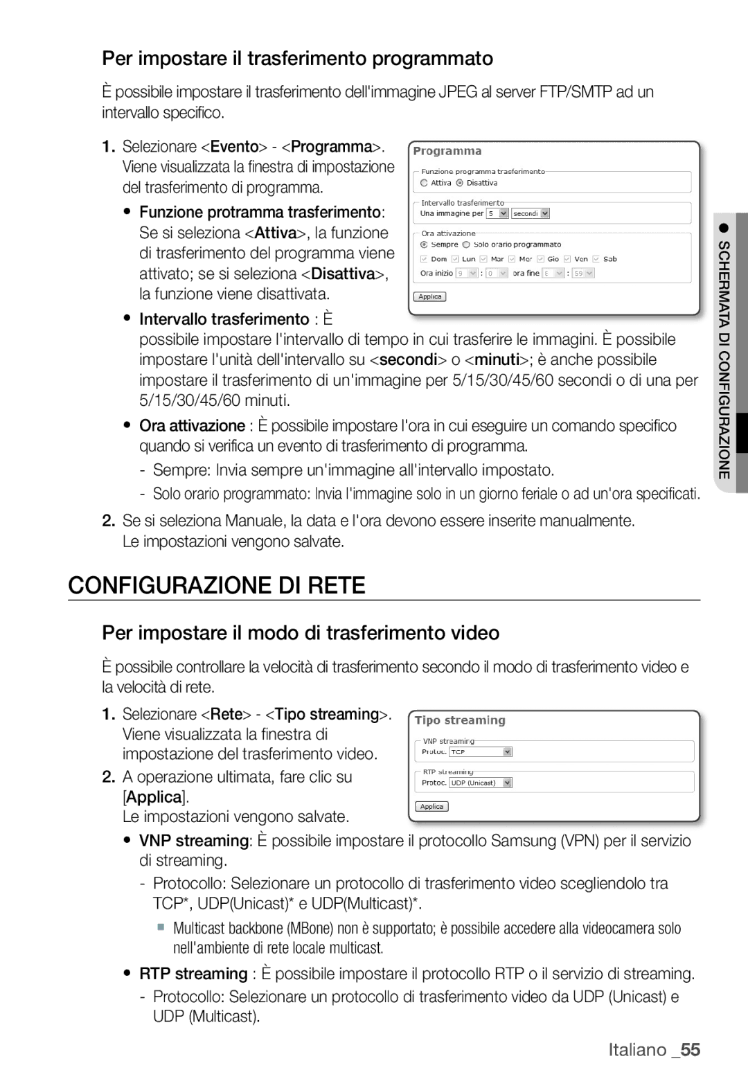 Samsung SNC-B2331P manual Configurazione DI Rete, Per impostare il trasferimento programmato 