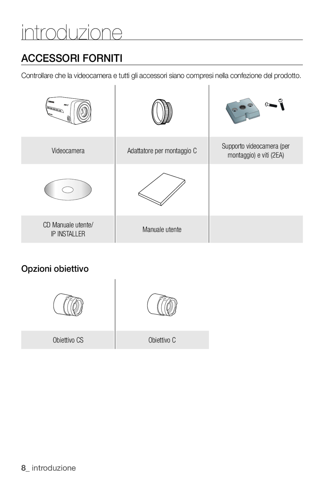 Samsung SNC-B2331P manual Accessori Forniti, Opzioni obiettivo, IP Installer, Manuale utente, Obiettivo CS 