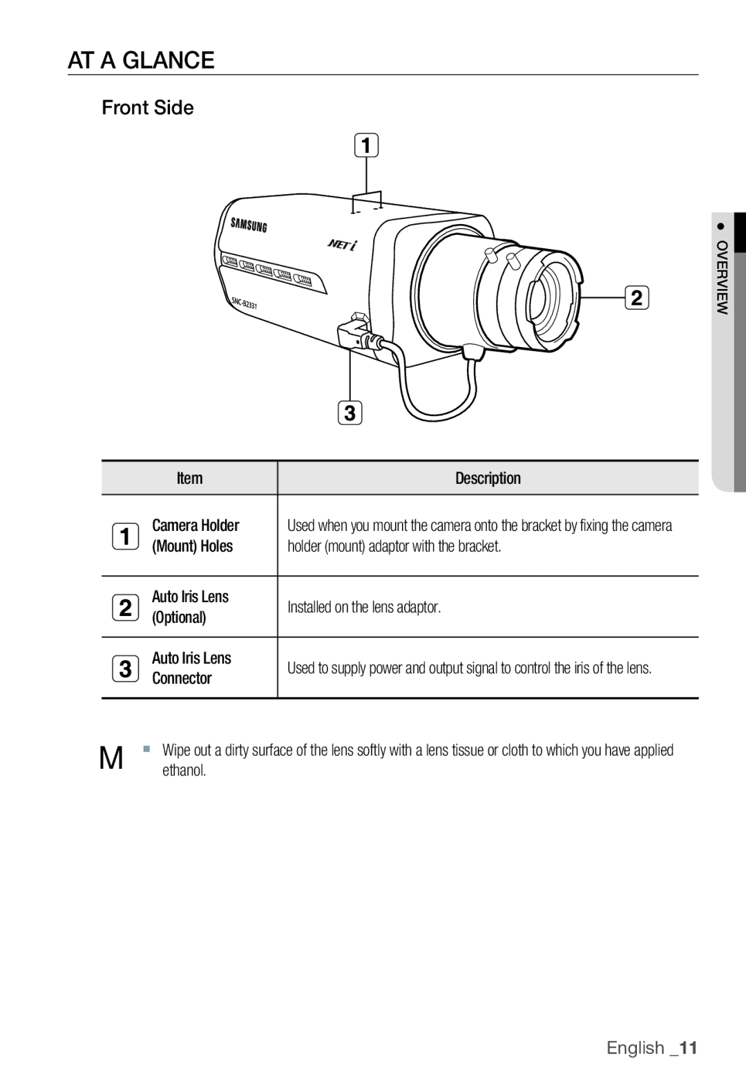 Samsung SNC-B2331(P) user manual AT a Glance, Front Side, Description, Camera Holder, Connector 