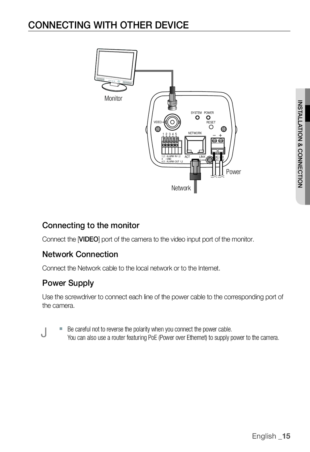 Samsung SNC-B2331(P) user manual Connecting with Other Device, Connecting to the monitor, Network Connection, Power Supply 