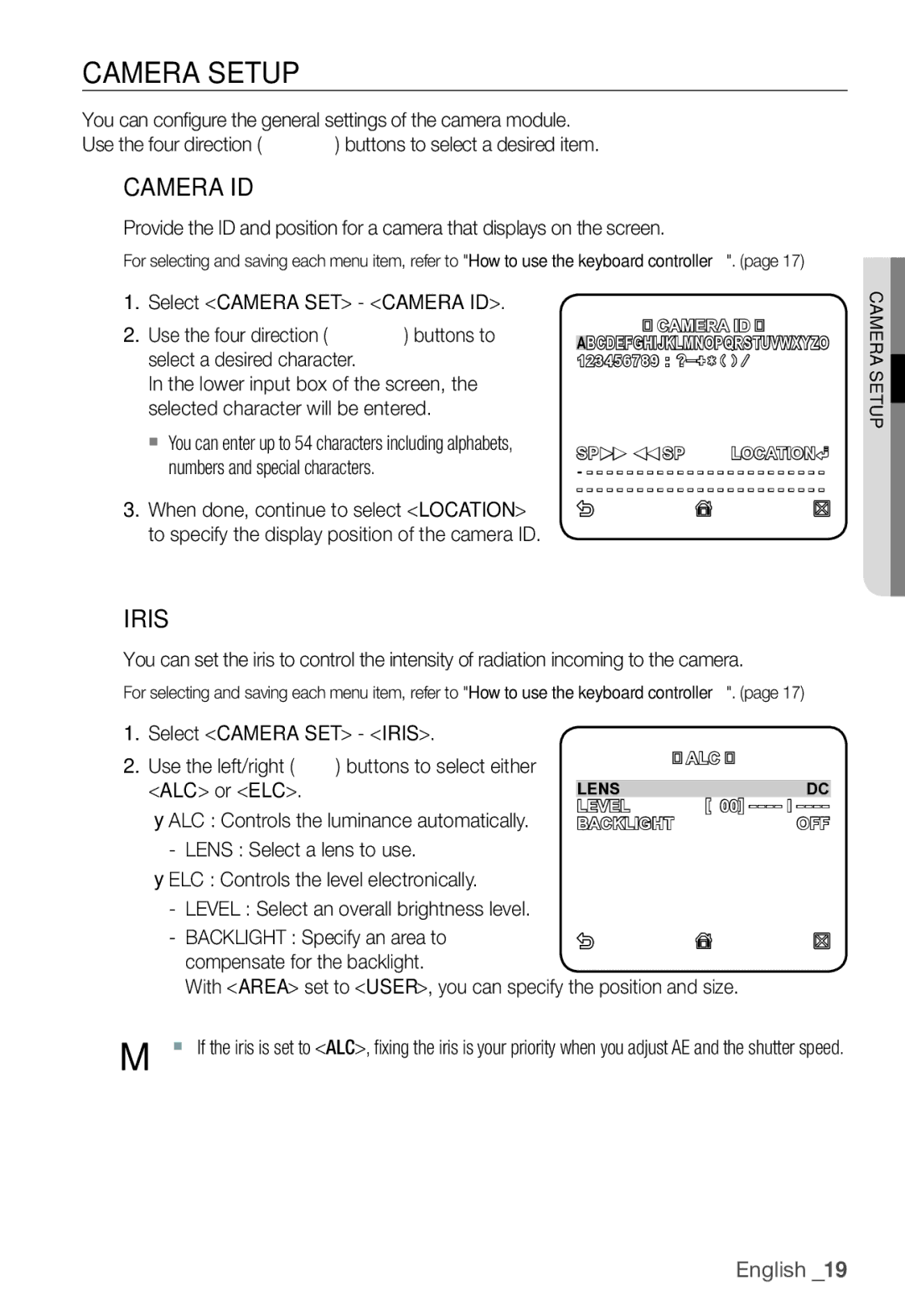 Samsung SNC-B2331(P) user manual Camera Setup, Camera ID, Iris 