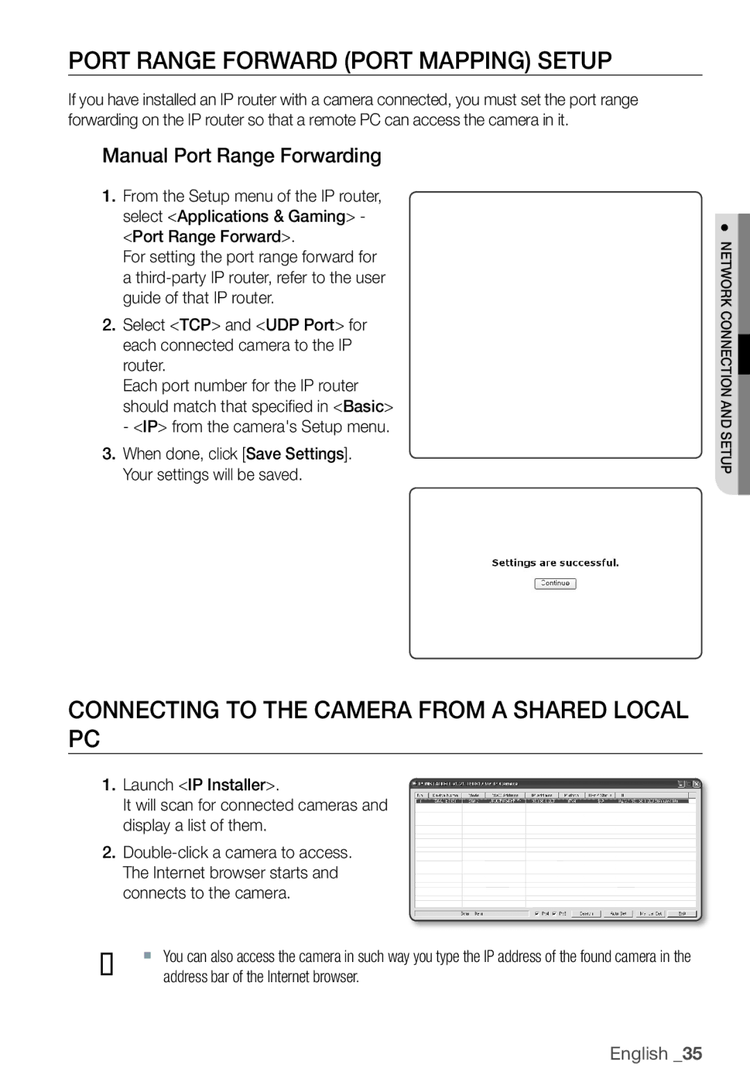 Samsung SNC-B2331(P) user manual Port Range Forward Port Mapping Setup, Connecting to the Camera from a Shared Local PC 