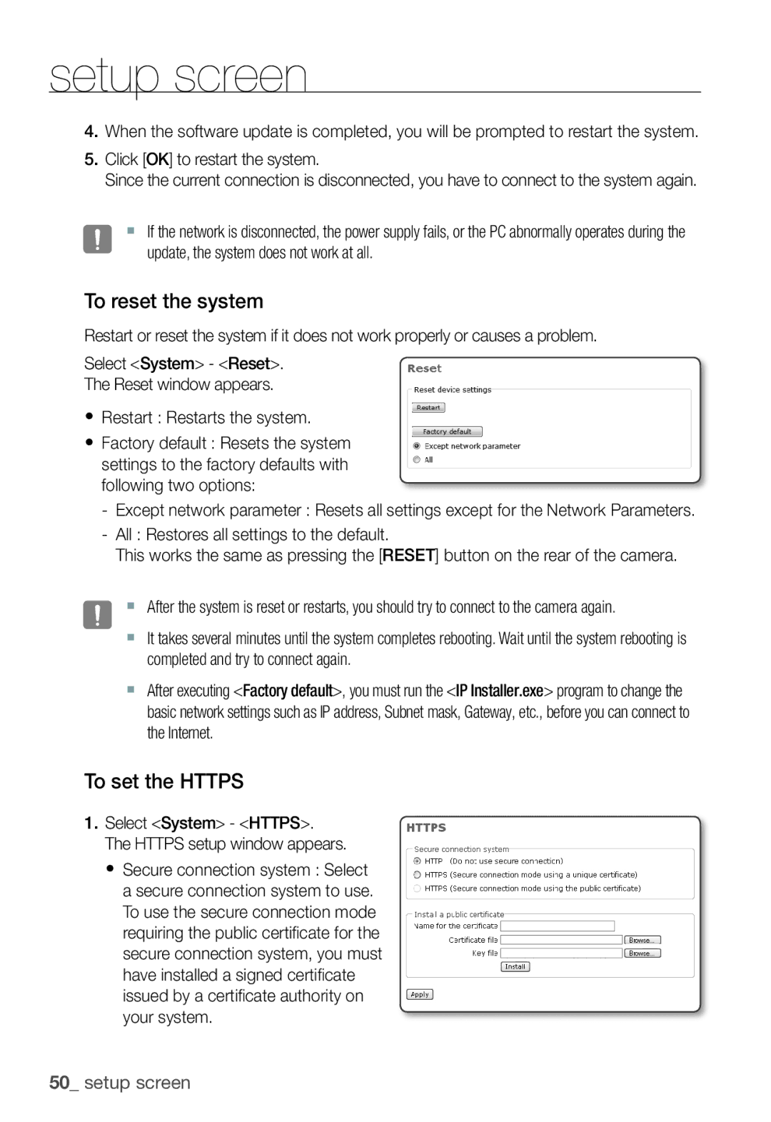 Samsung SNC-B2331(P) user manual To reset the system, To set the Https 