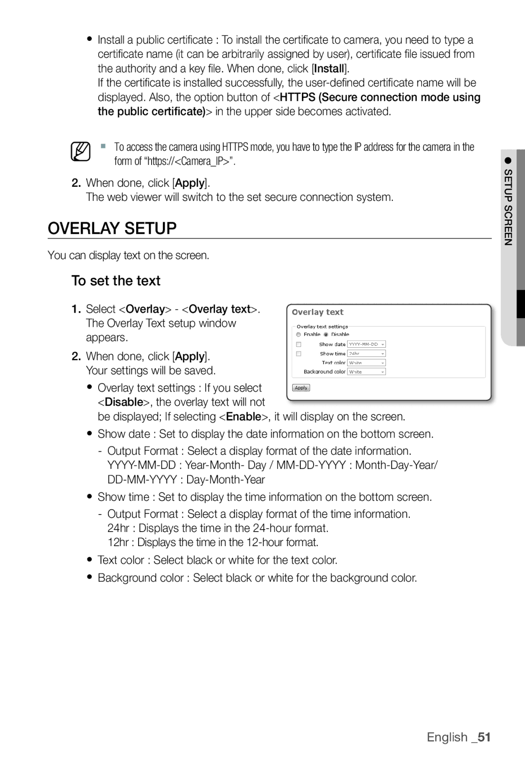 Samsung SNC-B2331(P) user manual Overlay Setup, To set the text, You can display text on the screen 