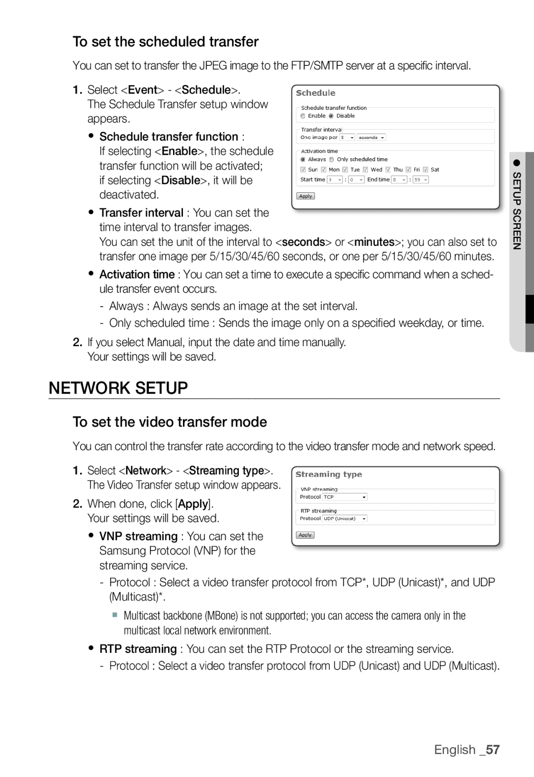 Samsung SNC-B2331(P) user manual Network Setup, To set the scheduled transfer, To set the video transfer mode 