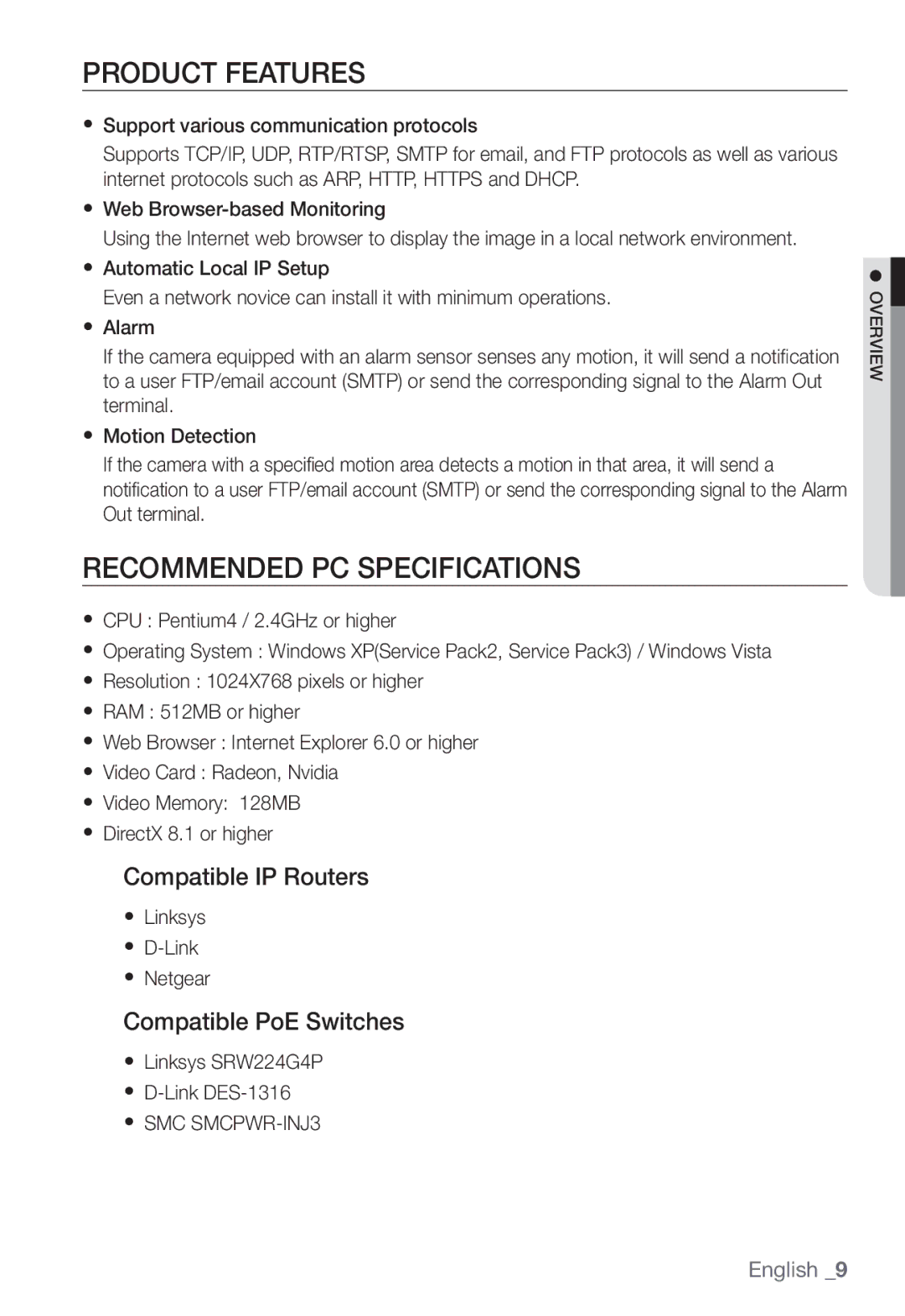 Samsung SNC-B2331(P) Product Features, Recommended PC Specifications, Compatible IP Routers, Compatible PoE Switches 