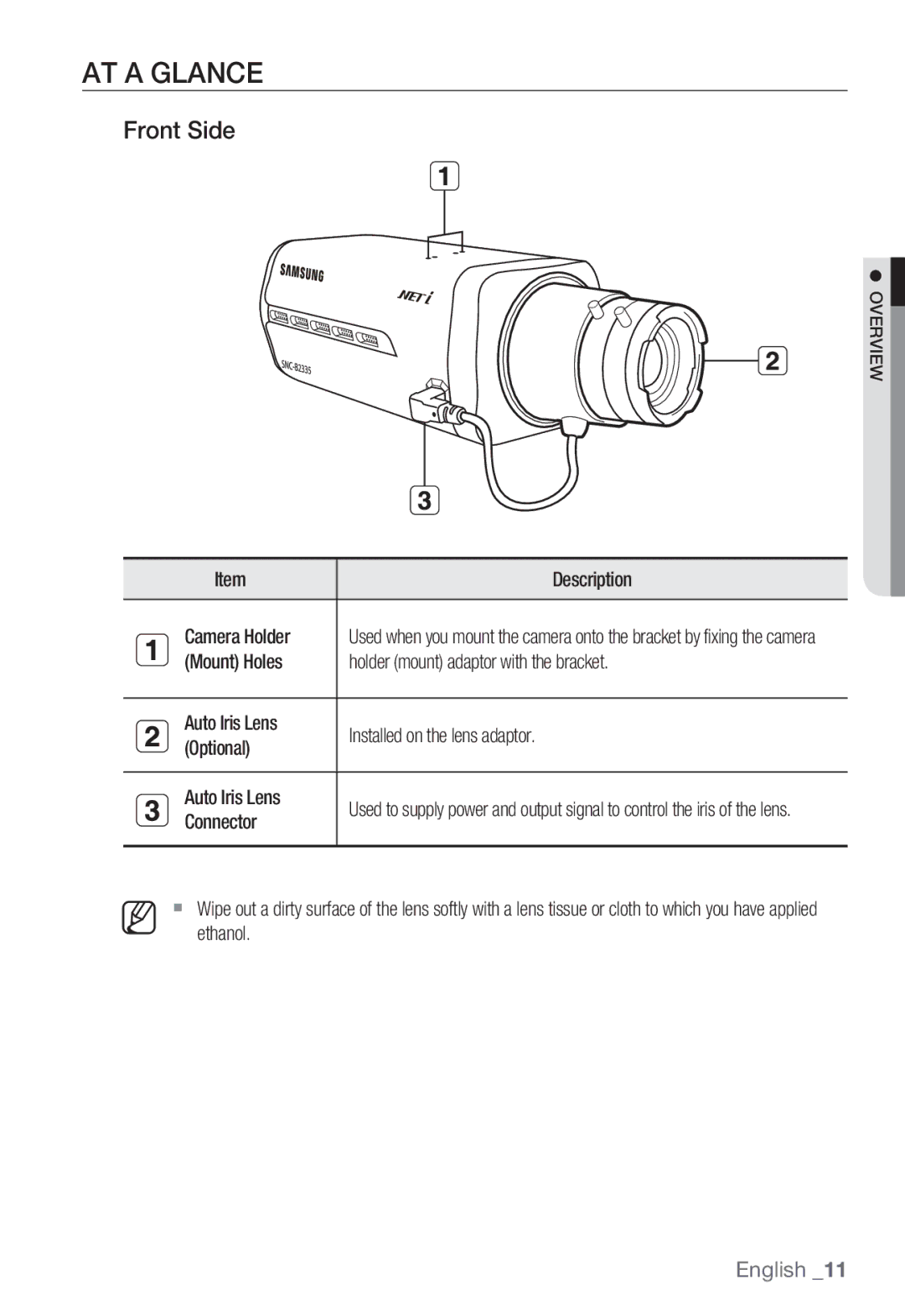 Samsung SNC-B2335P user manual AT a Glance, Front Side, Description, Camera Holder, Connector 