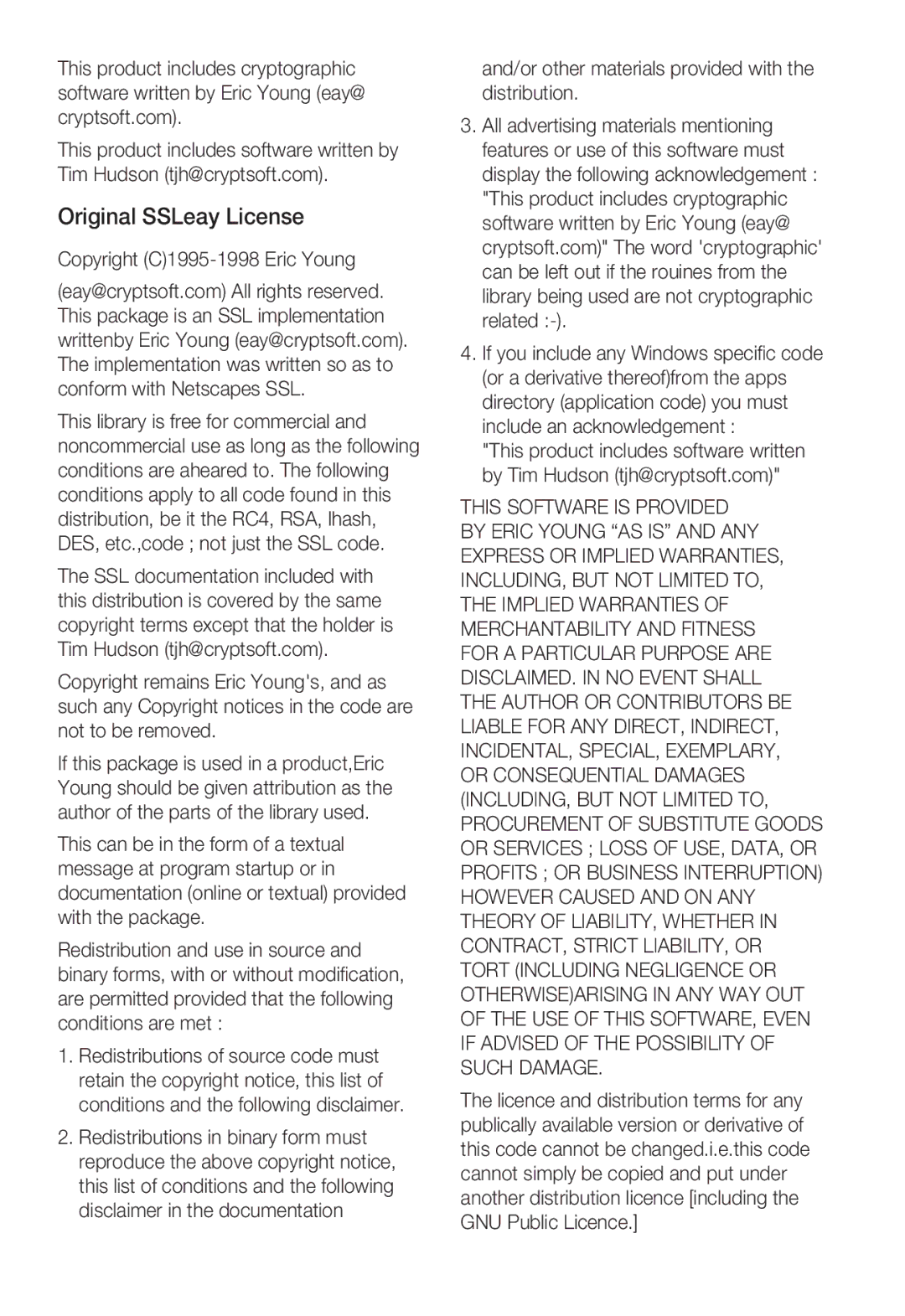 Samsung SNC-B2335P user manual Original SSLeay License, Copyright C1995-1998 Eric Young 