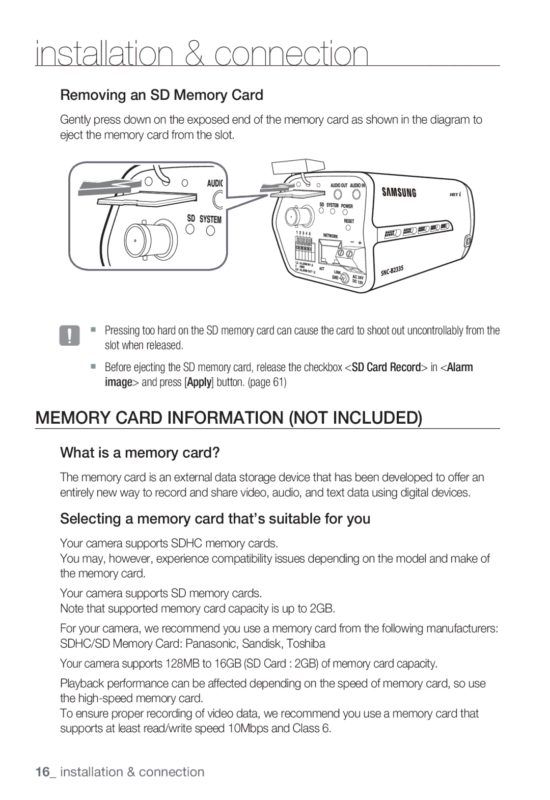 Samsung SNC-B2335P user manual Memory Card Information not Included, Removing an SD Memory Card, What is a memory card? 