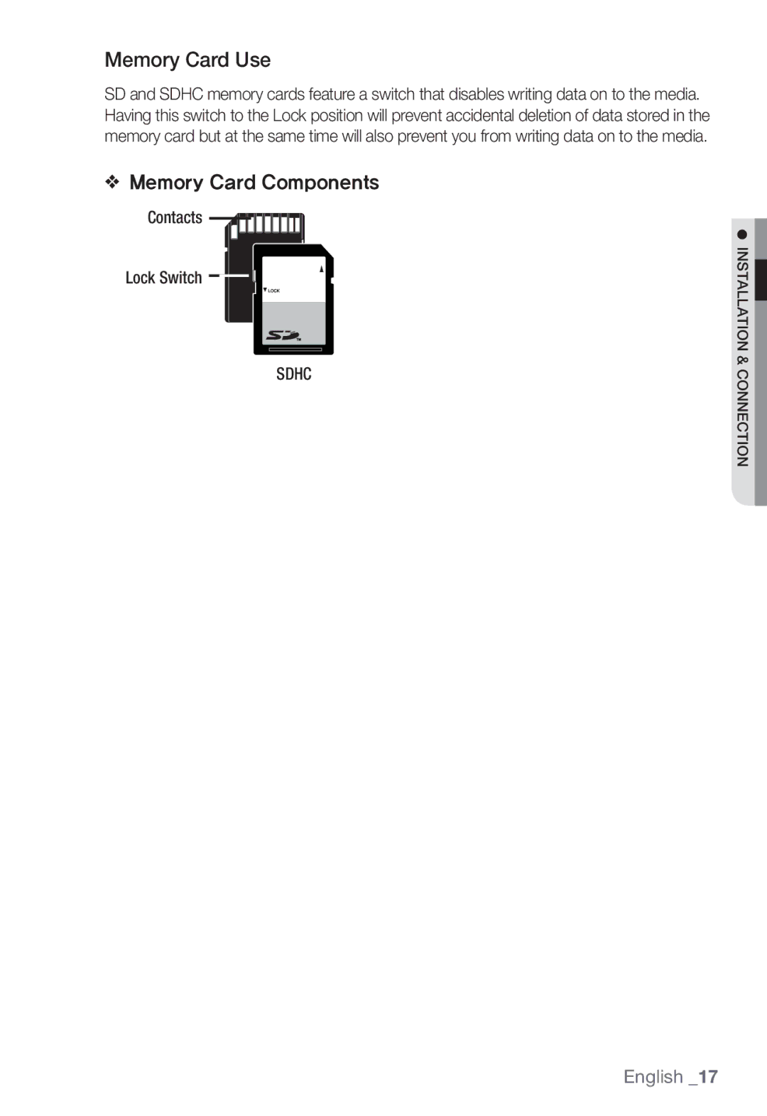 Samsung SNC-B2335P user manual Memory Card Use, Memory Card Components, Contacts Lock Switch, Sdhc 