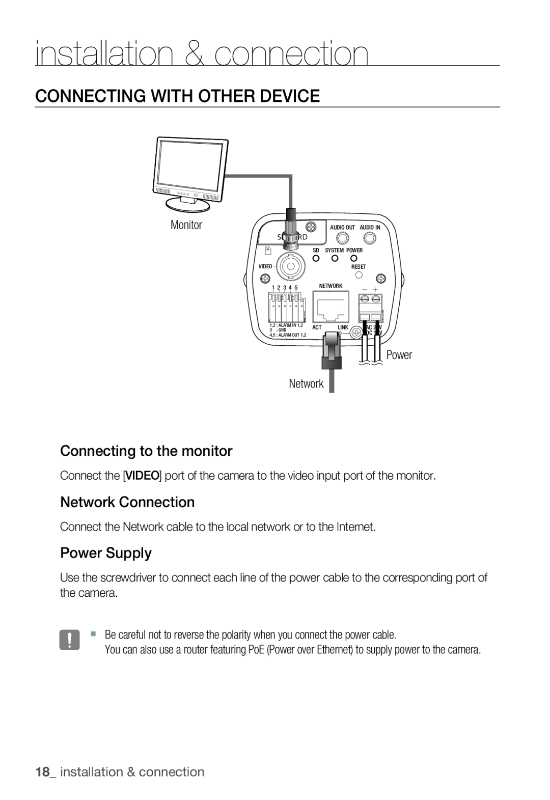 Samsung SNC-B2335P user manual Connecting with Other Device, Connecting to the monitor, Network Connection, Power Supply 