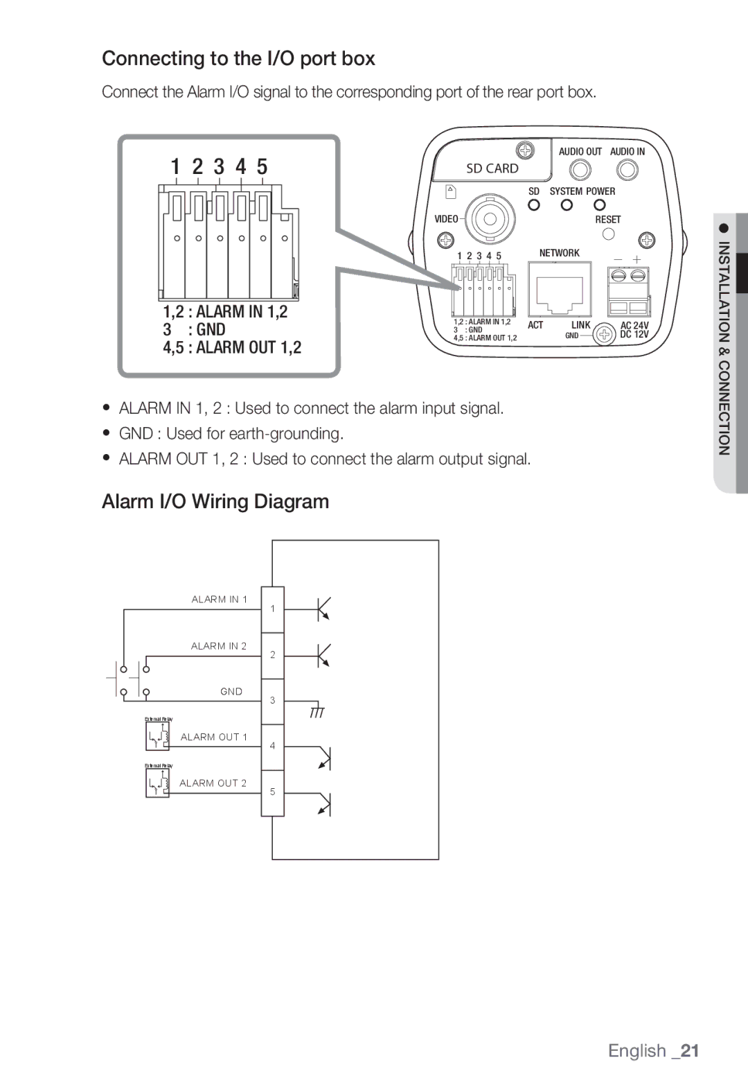 Samsung SNC-B2335P user manual Connecting to the I/O port box, Alarm I/O Wiring Diagram 