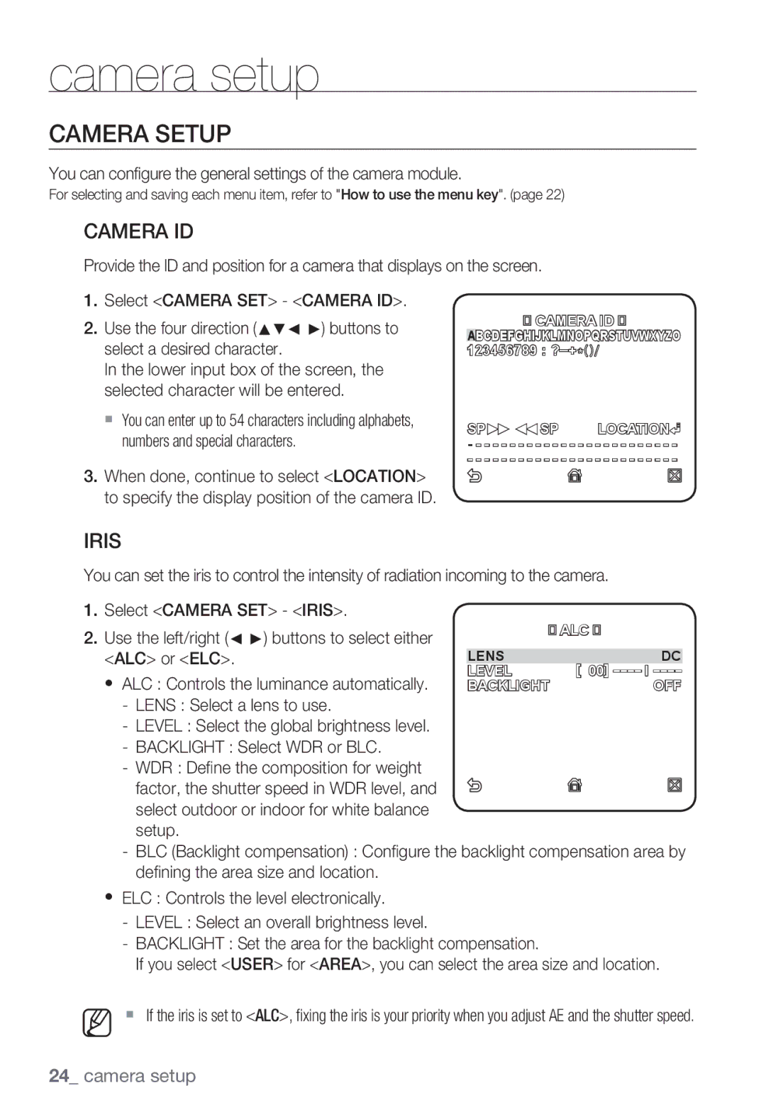 Samsung SNC-B2335P user manual Camera Setup, Camera ID, Iris, You can configure the general settings of the camera module 