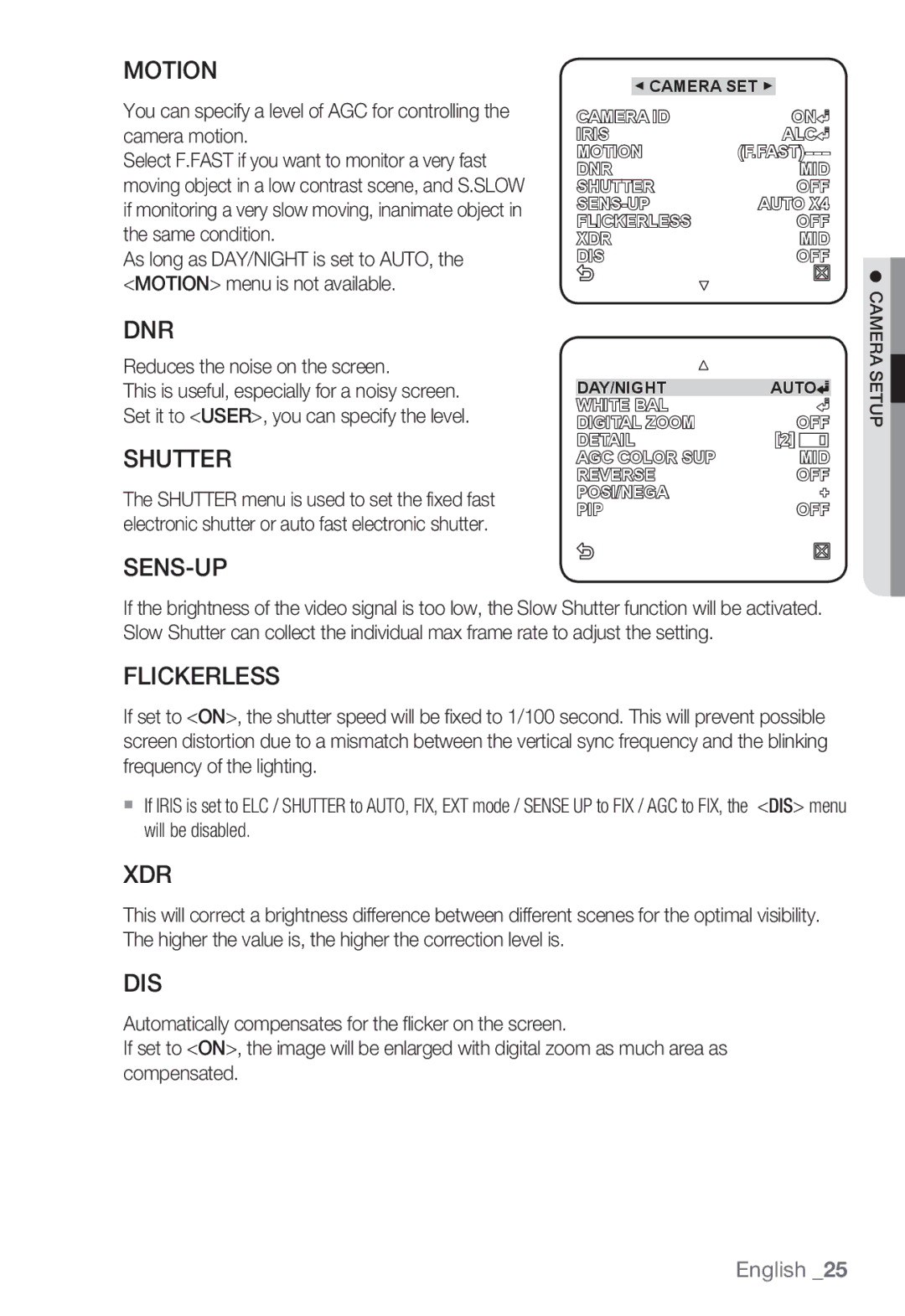 Samsung SNC-B2335P user manual Motion, Dnr, Shutter, Sens-Up, Flickerless, Xdr, Dis 