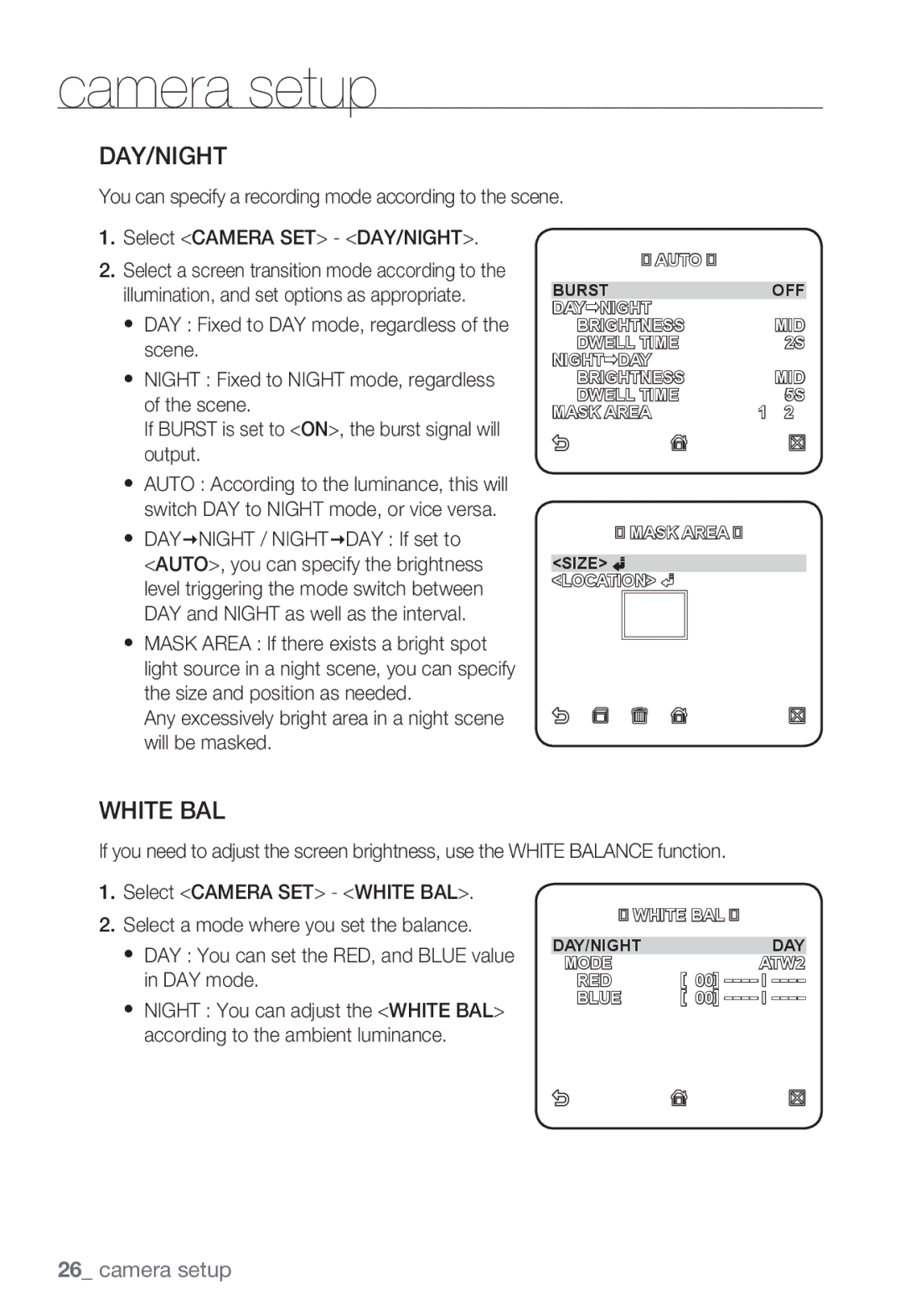 Samsung SNC-B2335P user manual Day/Night, White BAL, Any excessively bright area in a night scene will be masked 