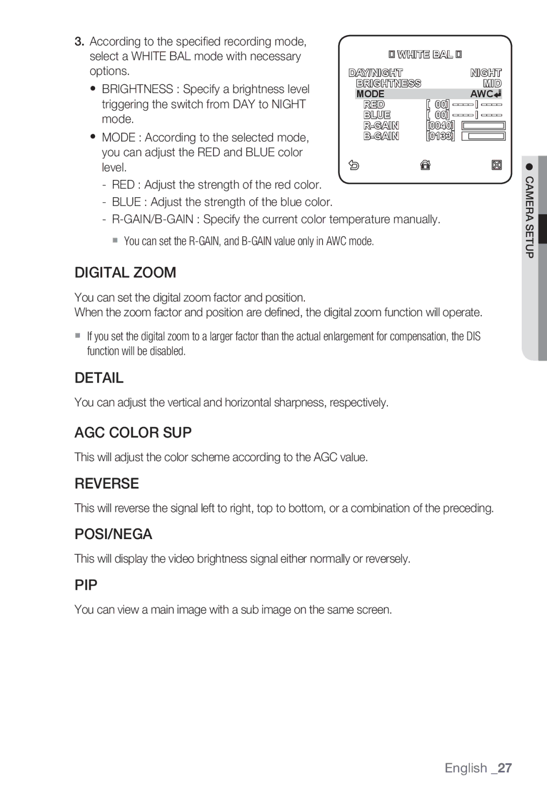 Samsung SNC-B2335P user manual Digital Zoom, Detail, AGC Color SUP, Reverse, Posi/Nega, Pip 