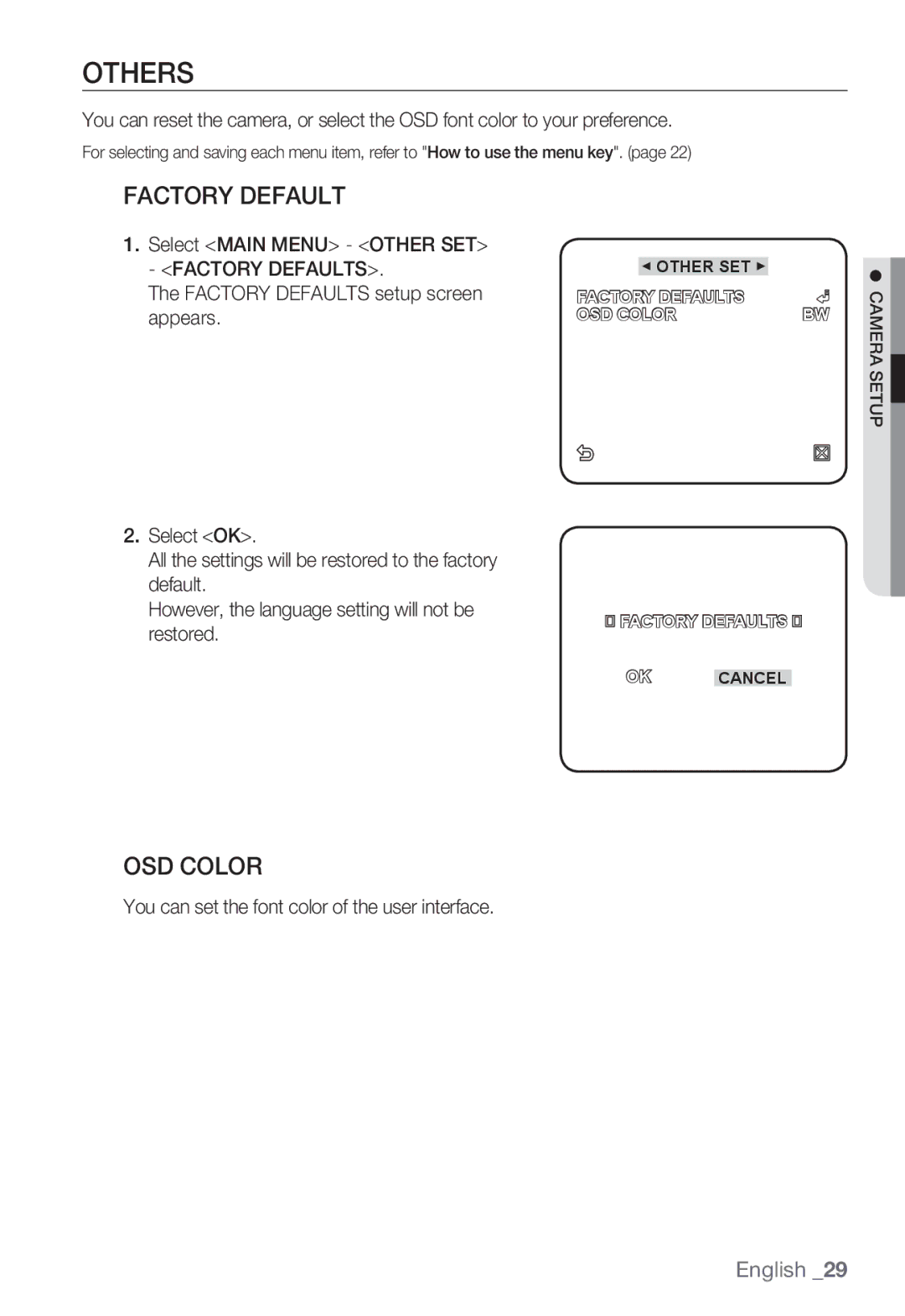 Samsung SNC-B2335P user manual Others, Factory Default, OSD Color, You can set the font color of the user interface 