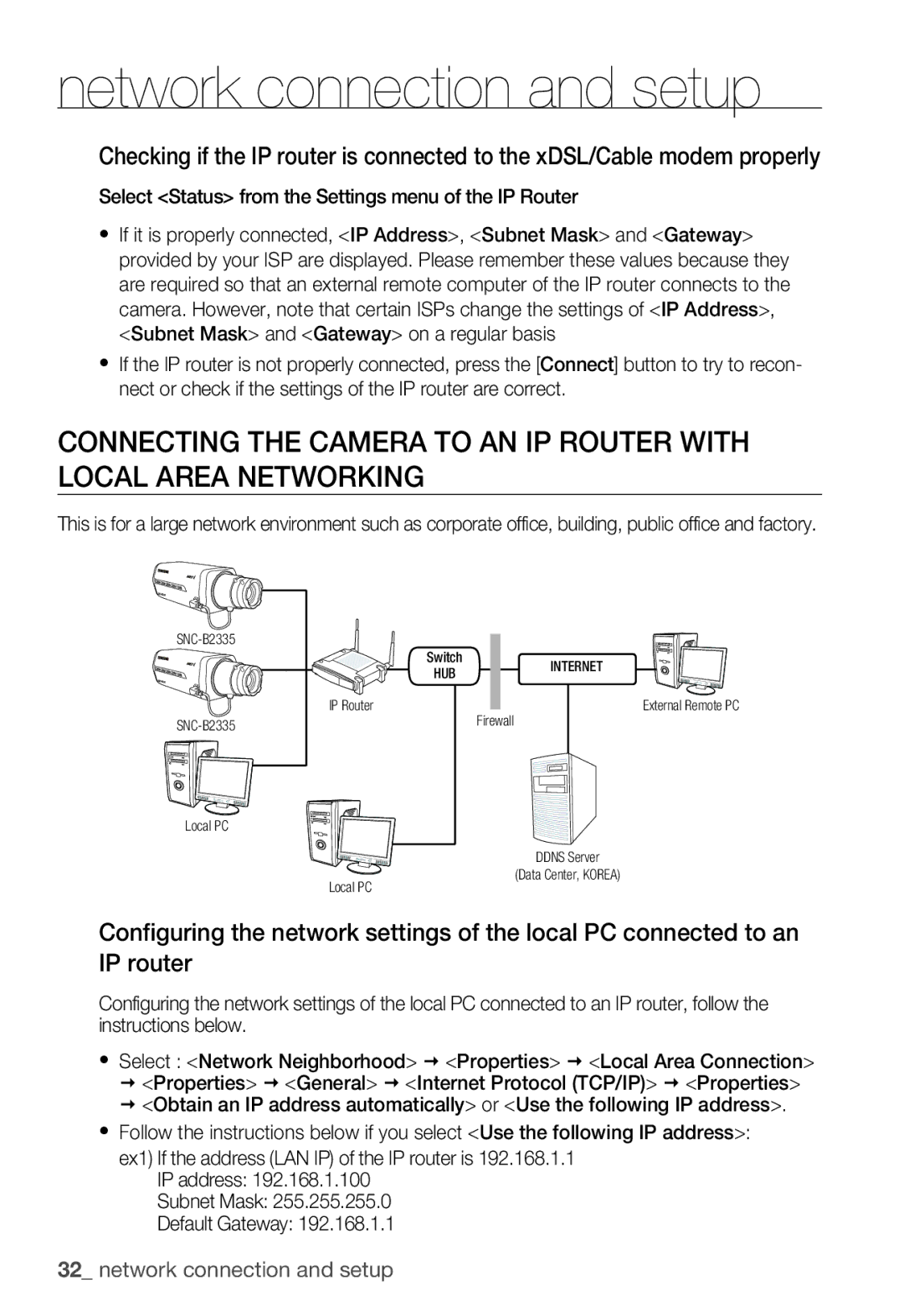 Samsung SNC-B2335P user manual Network connection and setup, Select Status from the Settings menu of the IP Router 