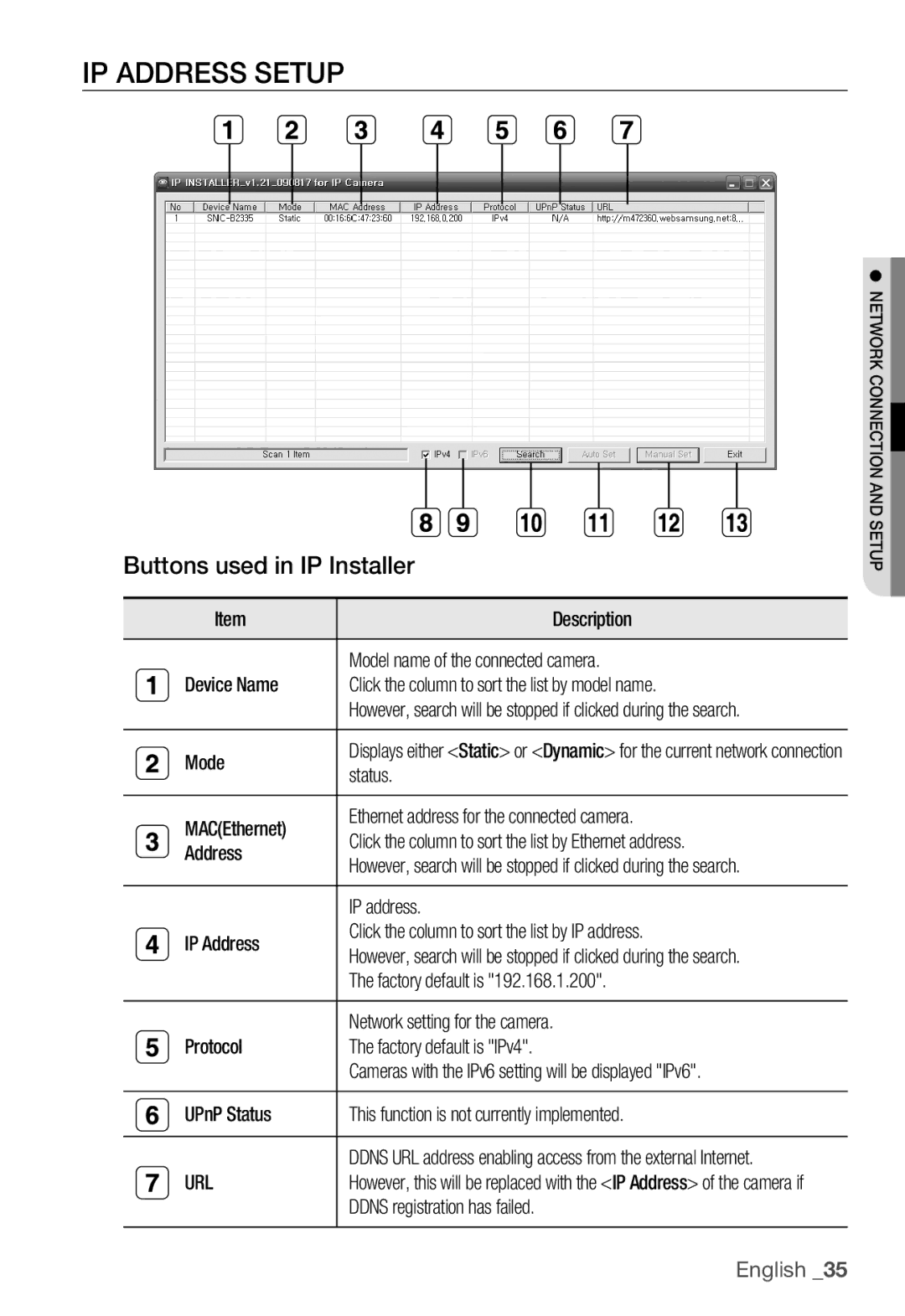 Samsung SNC-B2335P user manual IP Address Setup, Buttons used in IP Installer, Url 