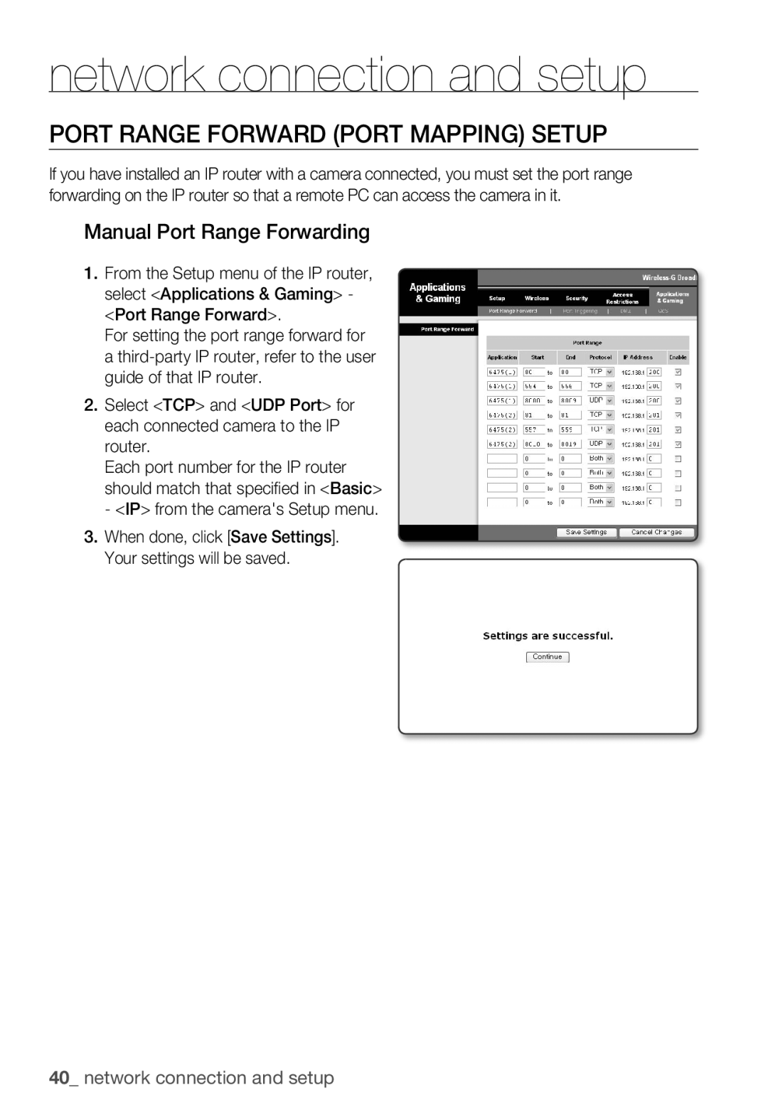 Samsung SNC-B2335P user manual Port Range Forward Port Mapping Setup, Manual Port Range Forwarding 