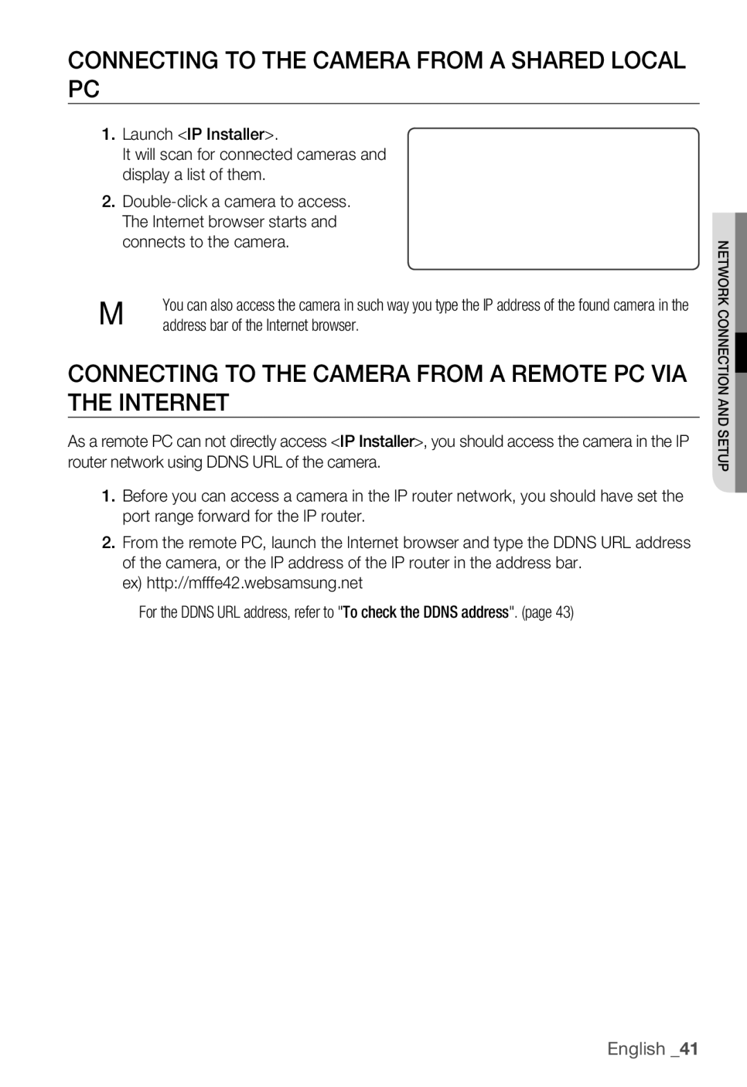 Samsung SNC-B2335P user manual Connecting to the Camera from a Shared Local PC, Ex http//mfffe42.websamsung.net 