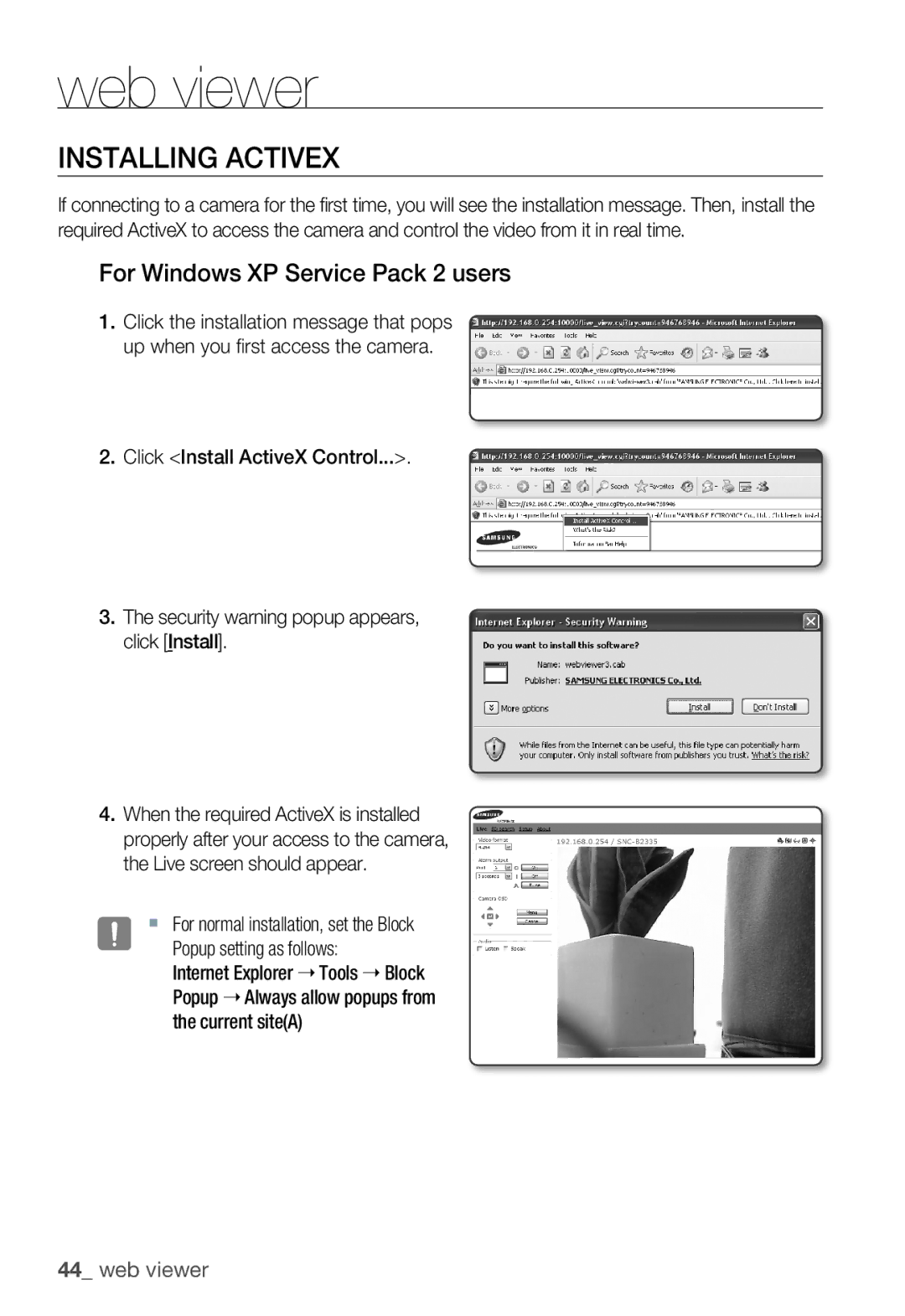 Samsung SNC-B2335P user manual Installing Activex, For Windows XP Service Pack 2 users 