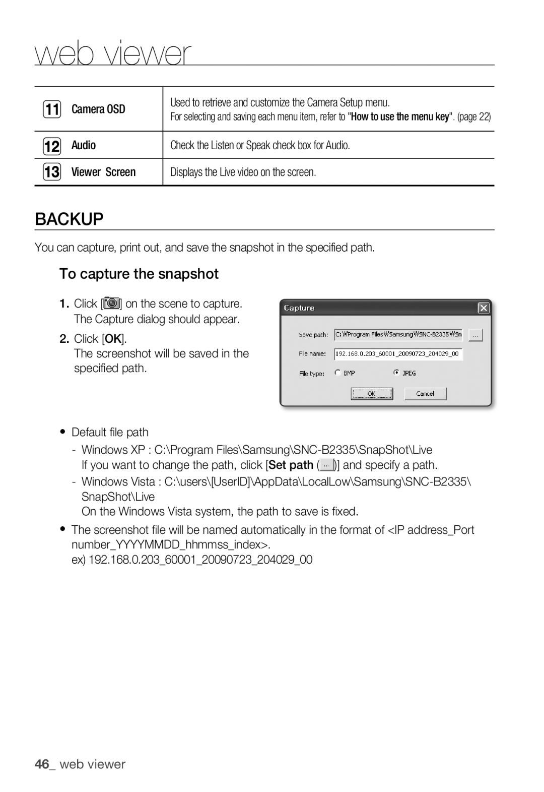 Samsung SNC-B2335P user manual Backup, To capture the snapshot 