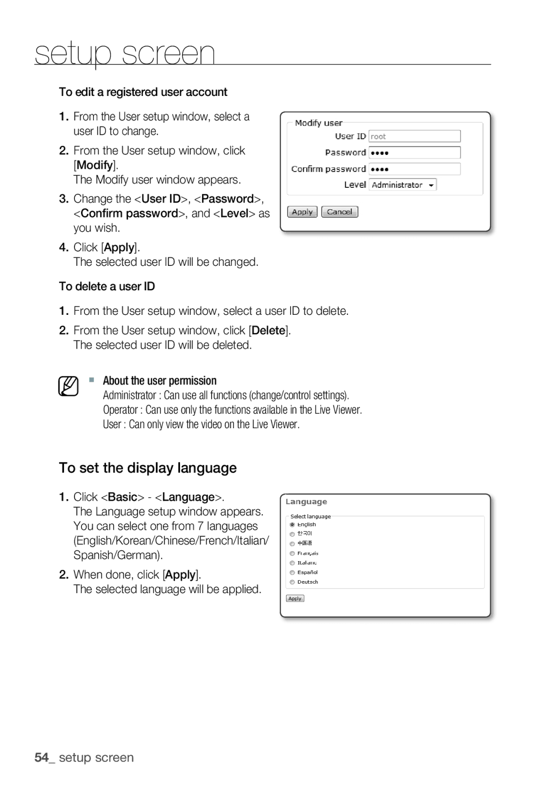 Samsung SNC-B2335P user manual To set the display language, Click Basic Language 