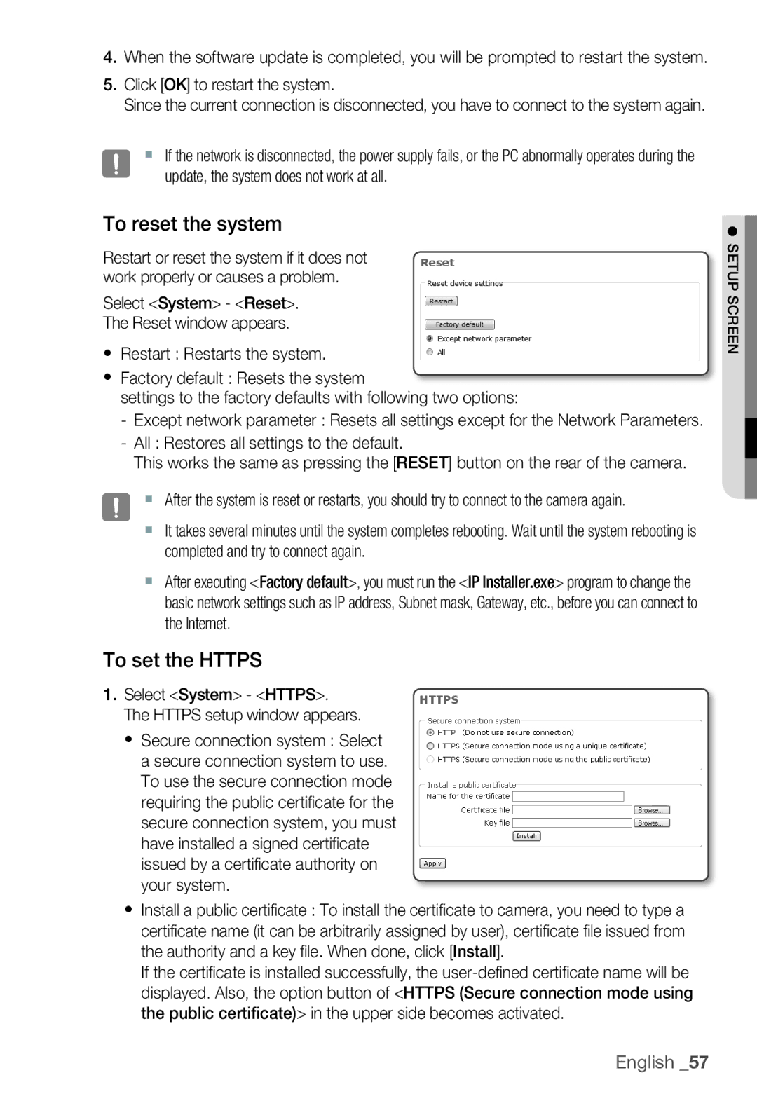 Samsung SNC-B2335P user manual To reset the system, To set the Https, Click OK to restart the system 