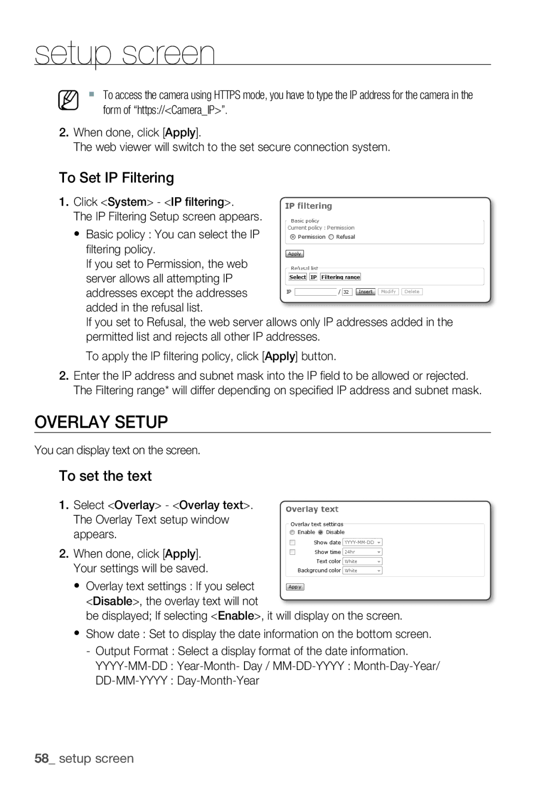 Samsung SNC-B2335P user manual Overlay Setup, To Set IP Filtering, To set the text, You can display text on the screen 