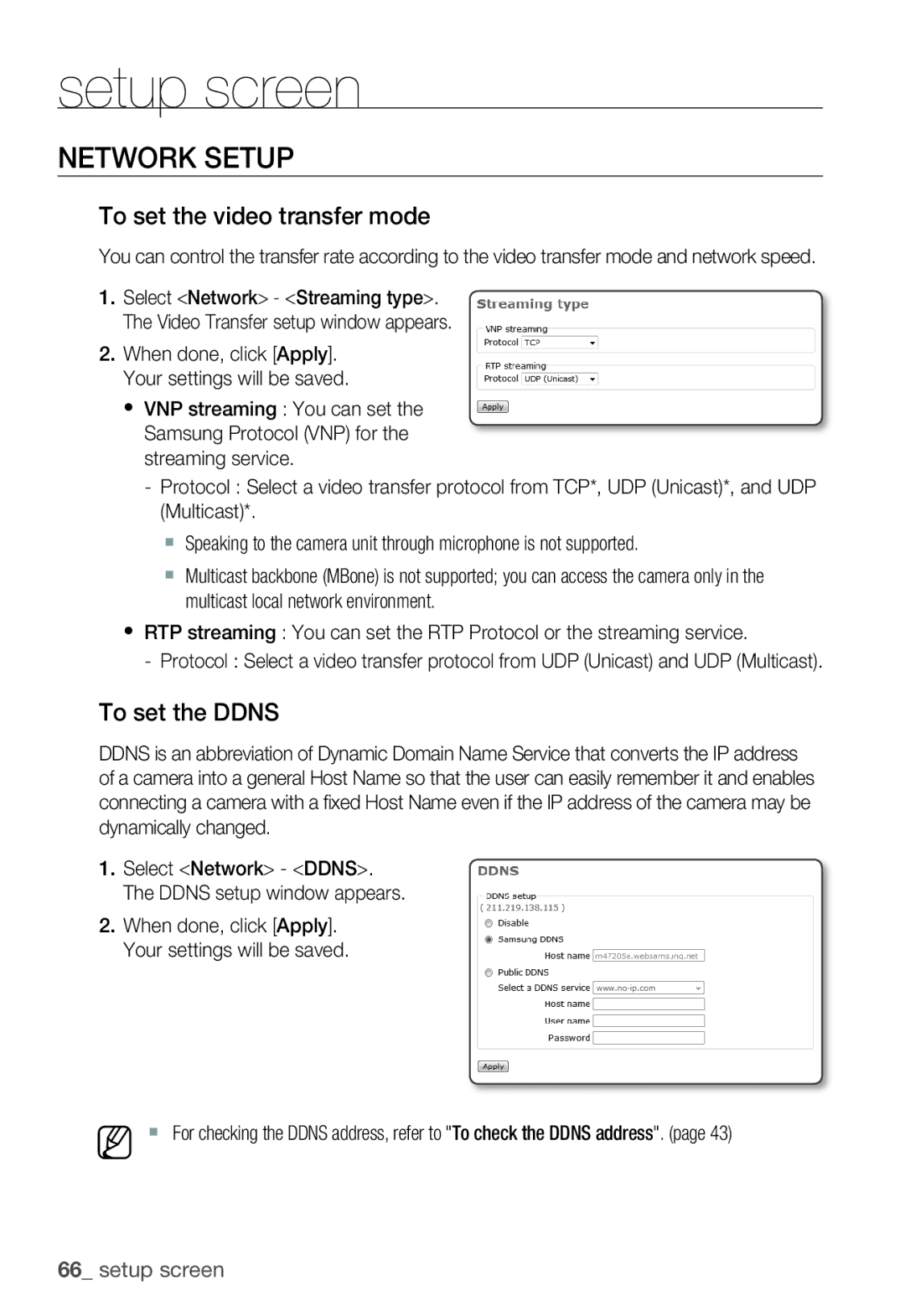 Samsung SNC-B2335P user manual Network Setup, To set the video transfer mode, To set the Ddns 