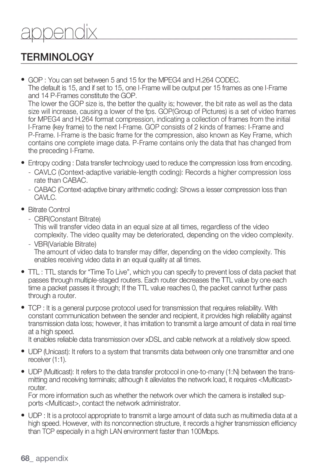 Samsung SNC-B2335P user manual Terminology, Cavlc, Bitrate Control CBRConstant Bitrate 