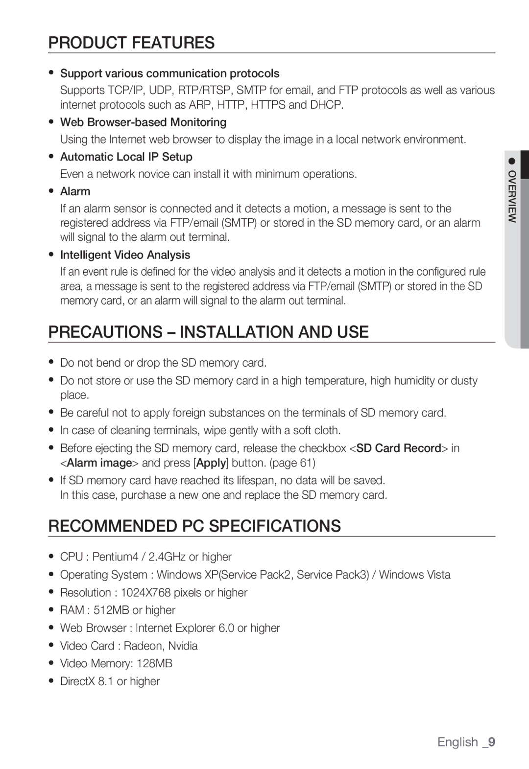 Samsung SNC-B2335P user manual Product Features, Precautions Installation and USE, Recommended PC Specifications 