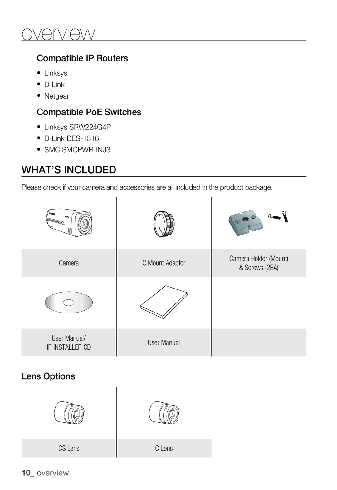 Samsung SNC-B2335P manual WHAT’S Included, Compatible IP Routers, Compatible PoE Switches, Lens Options, IP Installer CD 