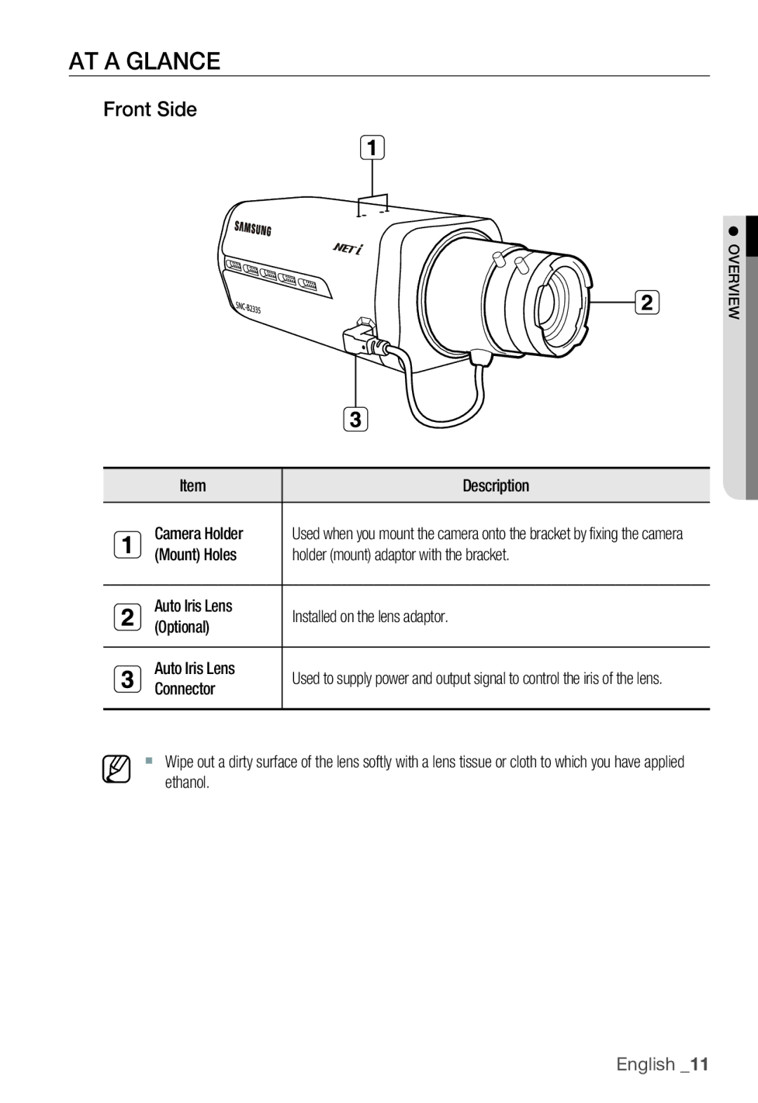 Samsung SNC-B2335P manual AT a Glance, Front Side, Description, Camera Holder, Connector 