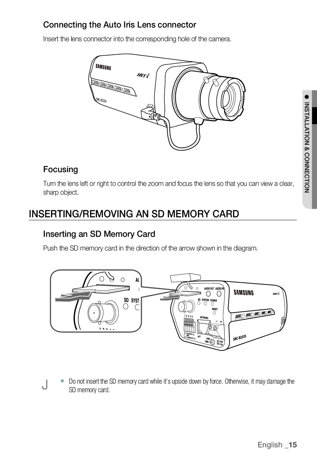 Samsung SNC-B2335P manual INSERTING/REMOVING AN SD Memory Card, Connecting the Auto Iris Lens connector, Focusing 