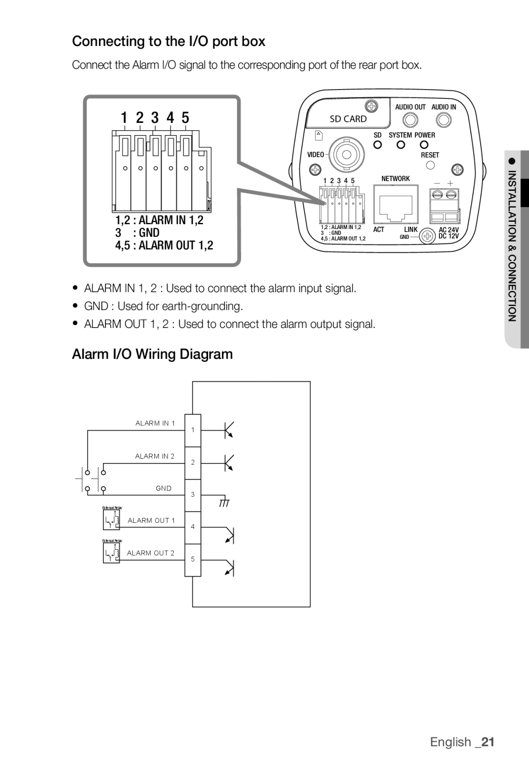 Samsung SNC-B2335P manual Connecting to the I/O port box, Alarm I/O Wiring Diagram 