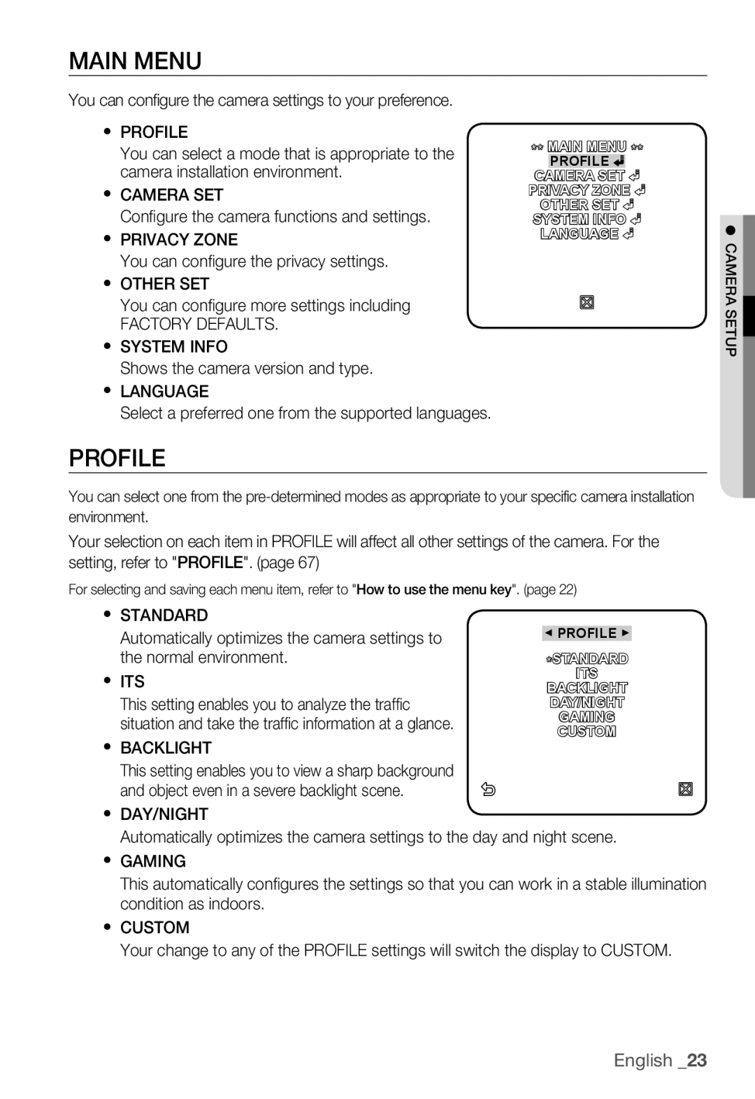 Samsung SNC-B2335P manual Main Menu, Profile, Factory Defaults 