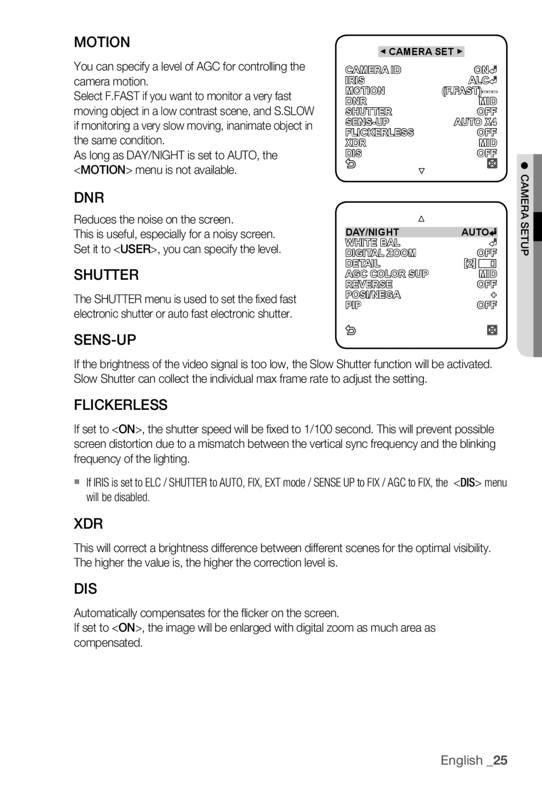 Samsung SNC-B2335P manual Motion, Dnr, Shutter, Sens-Up, Flickerless, Xdr, Dis 