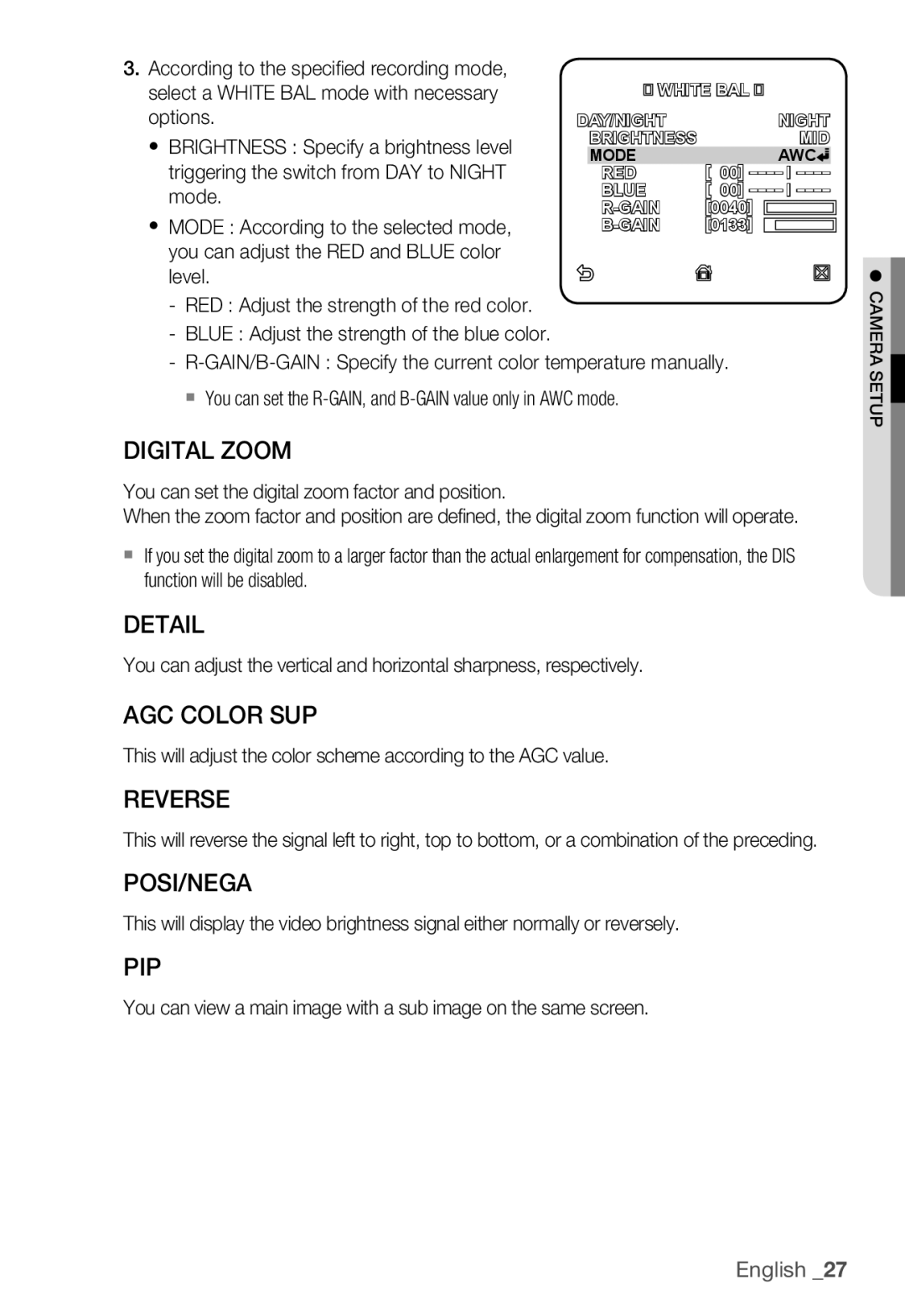 Samsung SNC-B2335P manual Digital Zoom, Detail, AGC Color SUP, Reverse, Posi/Nega, Pip 